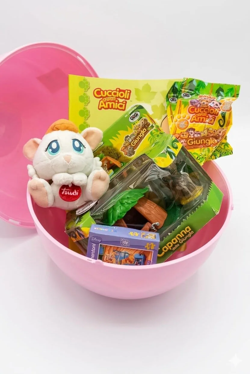 Pasqualone Bambini Rosa con 5 Sorprese Garantite – Peluche Coniglio Trudi 15 cm + Cuccioli Cerca Amici Giungla (Bustine + Capanna) | Uovo Pasqua Senza Cioccolato 40x30 cm | Regalo Bambina 3-6 Anni