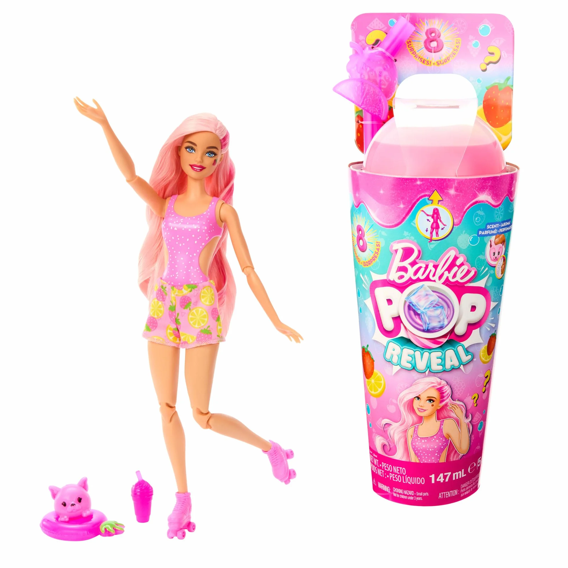Barbie - Pop Reveal Serie Frutta, bambola a tema limonata di fragole con 8 sorprese profumate e con effetto cambia colore, cucciolo e accessori Slime inclusi, giocattolo per bambini, 3+ anni, HNW41