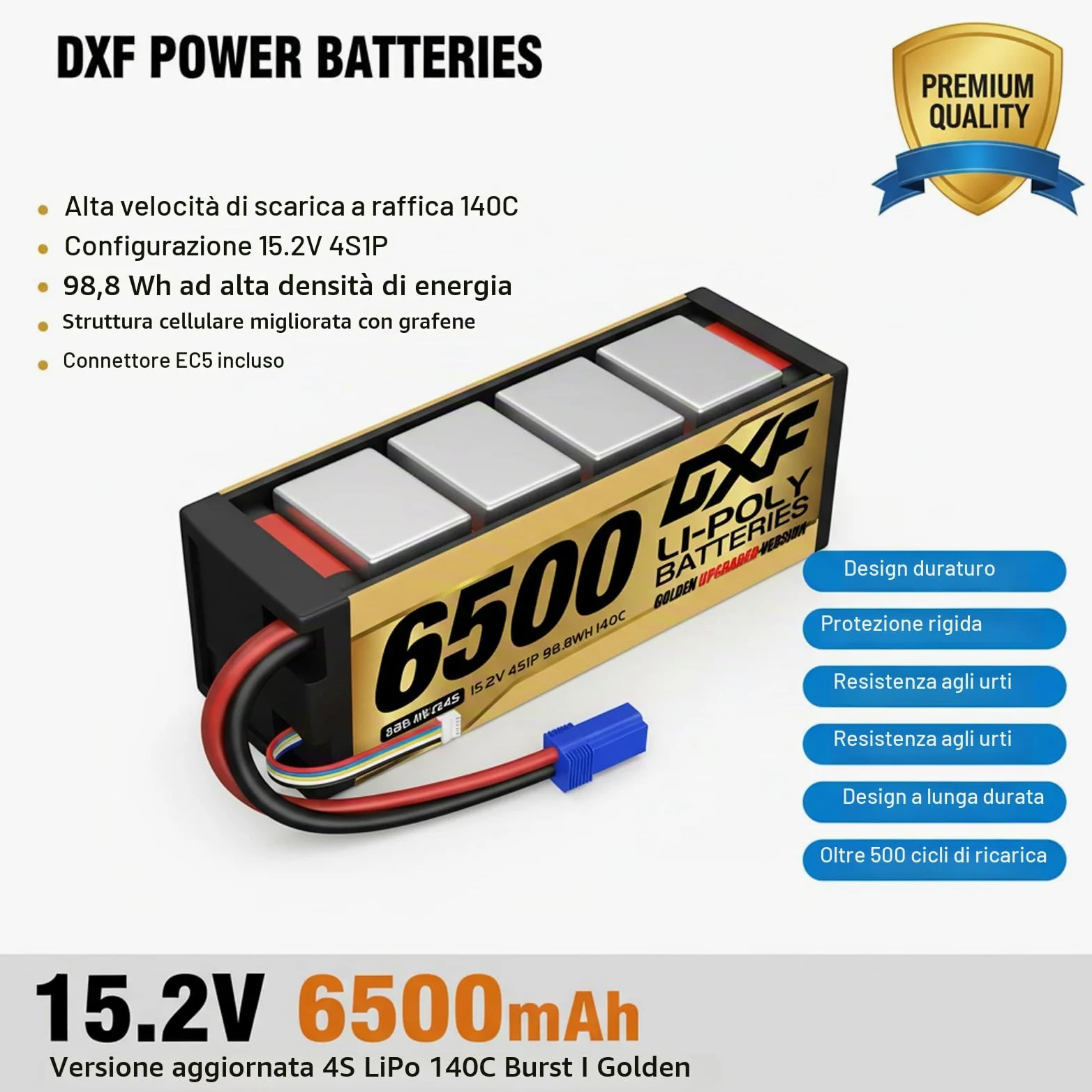 DXF Batteria LiPo 4S 15.2V 6500mAh 140C HV Spina EC5 Auto RC Truck Buggy 1/8 1/10 Alte Prestazioni Potente Tecnologia Avanguardia Sicurezza Gare Racing Modellismo 2 Pezzi