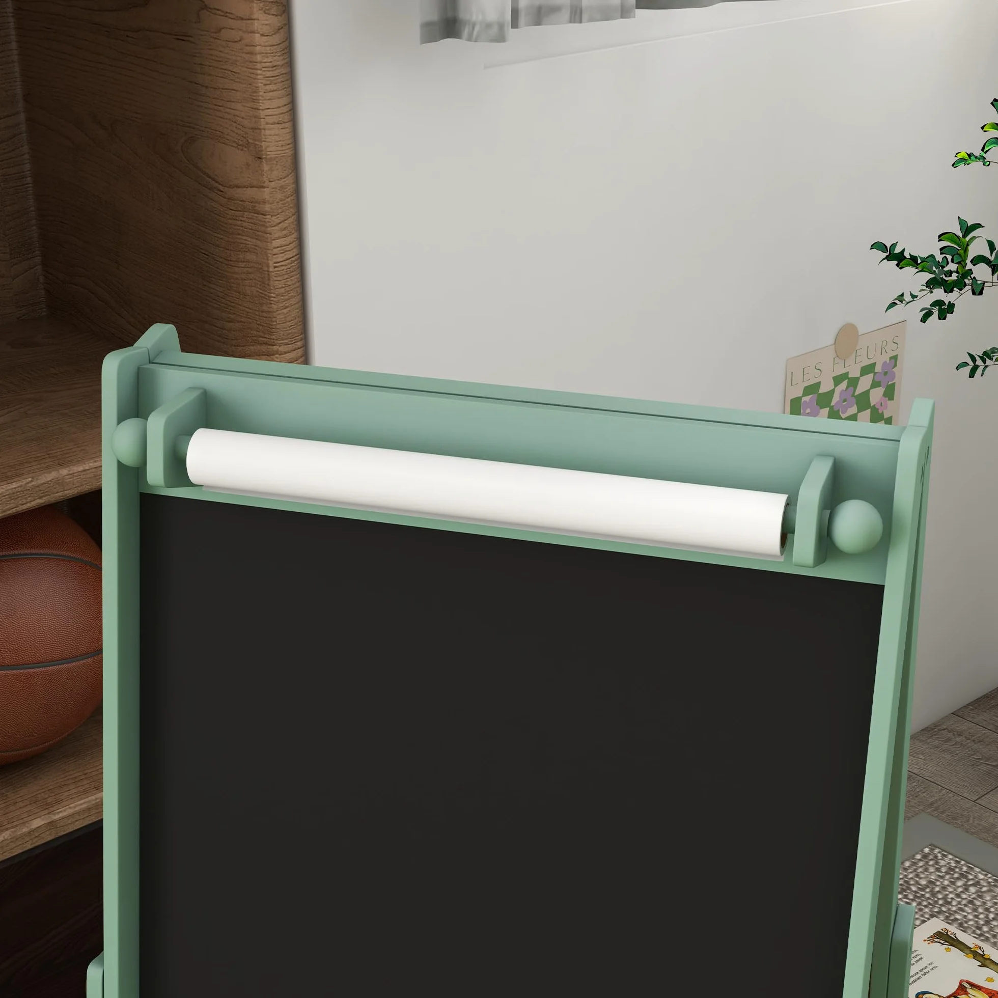 AIYAPLAY Lavagna per Bambini Cancellabile a Doppia Facciate con Rotolo di Carta e 2 Contenitori, Lavagna Bianco, Nero, Verde, Cavalletto Artistico in Legno 3-8 Anni