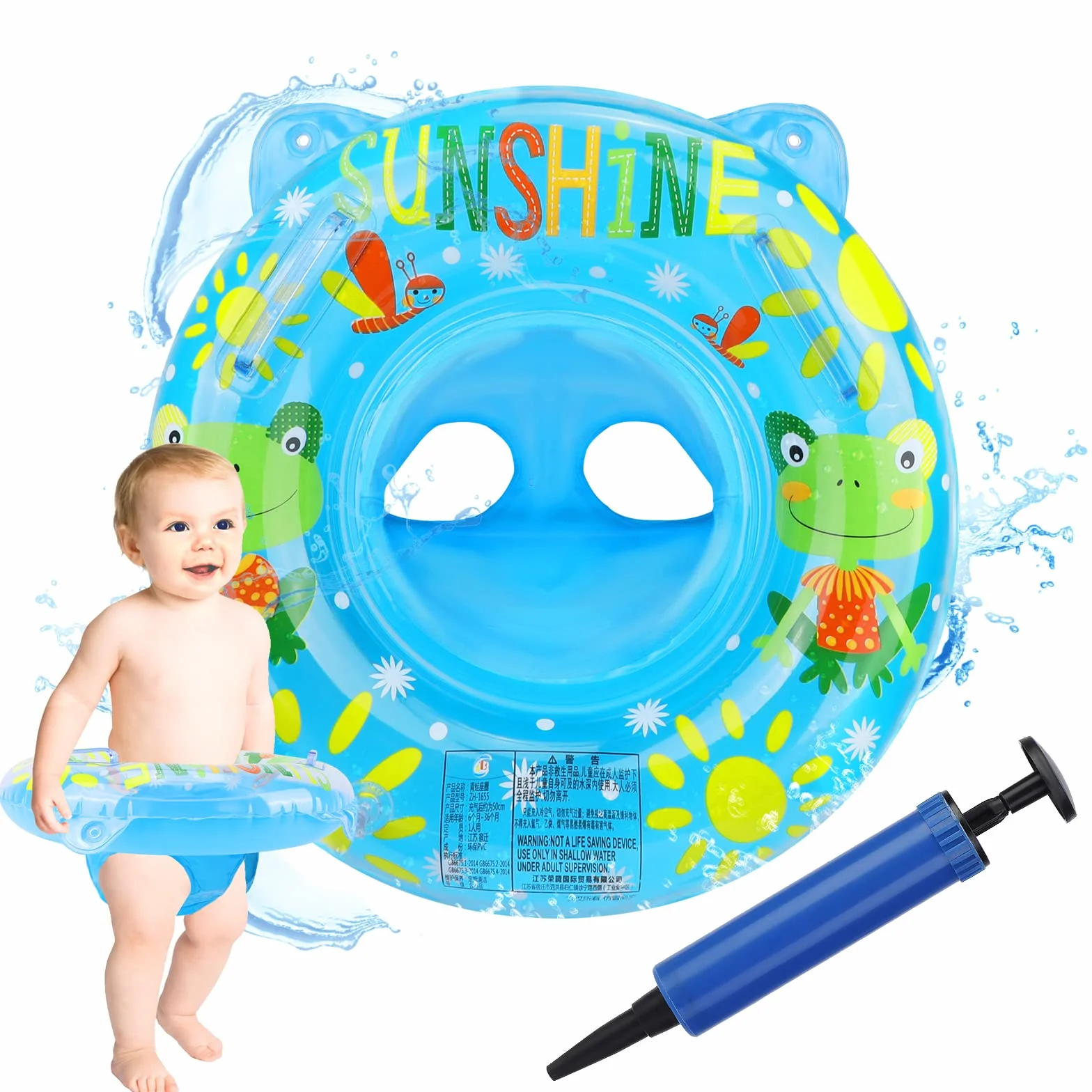 Anello di Nuoto del Fumetto, Salvagente Neonato Galleggiante Gonfiabile del Bambino Dell'anello di Nuoto del Bambino Baby Float Salvagente con Seggiolino and Gonfiatore Bambini Piscina Giocattolo,Blu