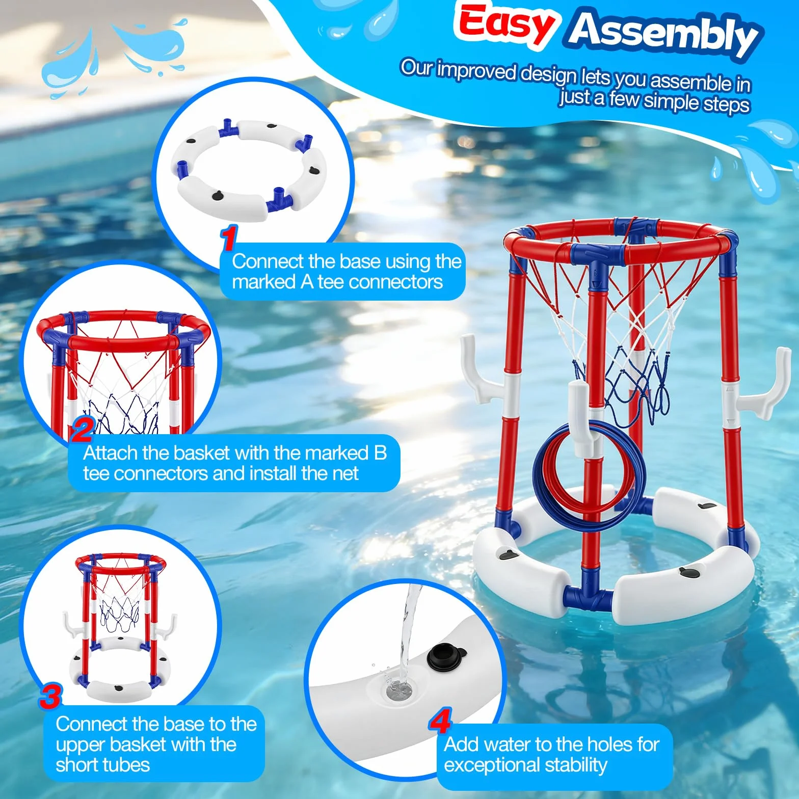 Canestro da Basket per Piscina 2-in-1, Galleggianti per Piscina per Bambini e Adulti, con 4 Palloni 12 Anelli, Gioco Acqua Cerchi da Lancio, Canestro Basket Bambini per Estate e Divertimento in Acqua