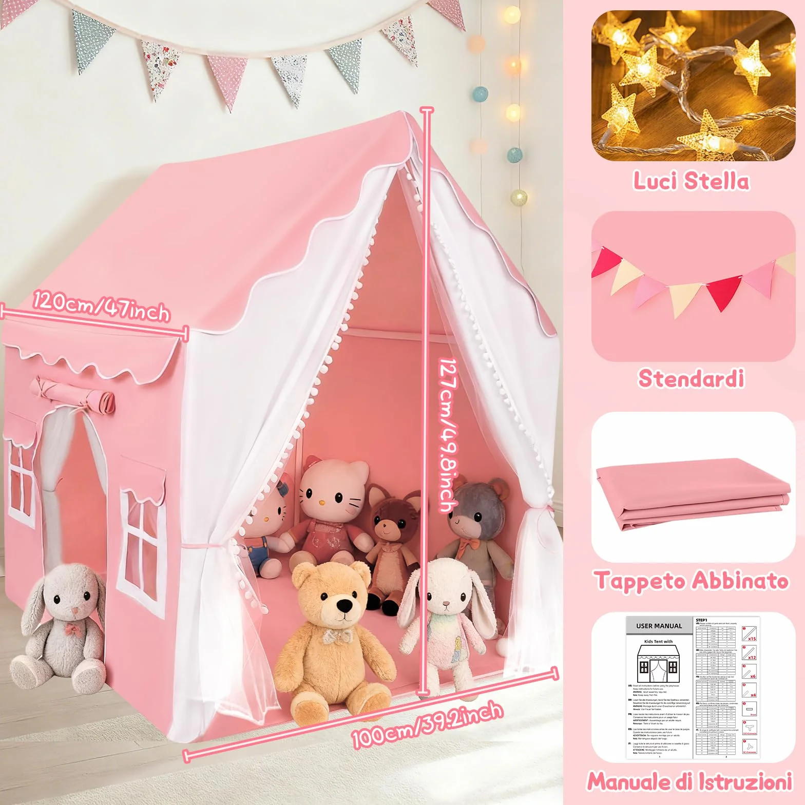 JONRRYIN 2 IN 1 Tenda per Bambini Cameretta, Tenda da Gioco con 2 Porte per Interni Esterni con Finestre, Luci LED e Bandierine, Tenda Letto Casetta Tenda per Bambini Regalo