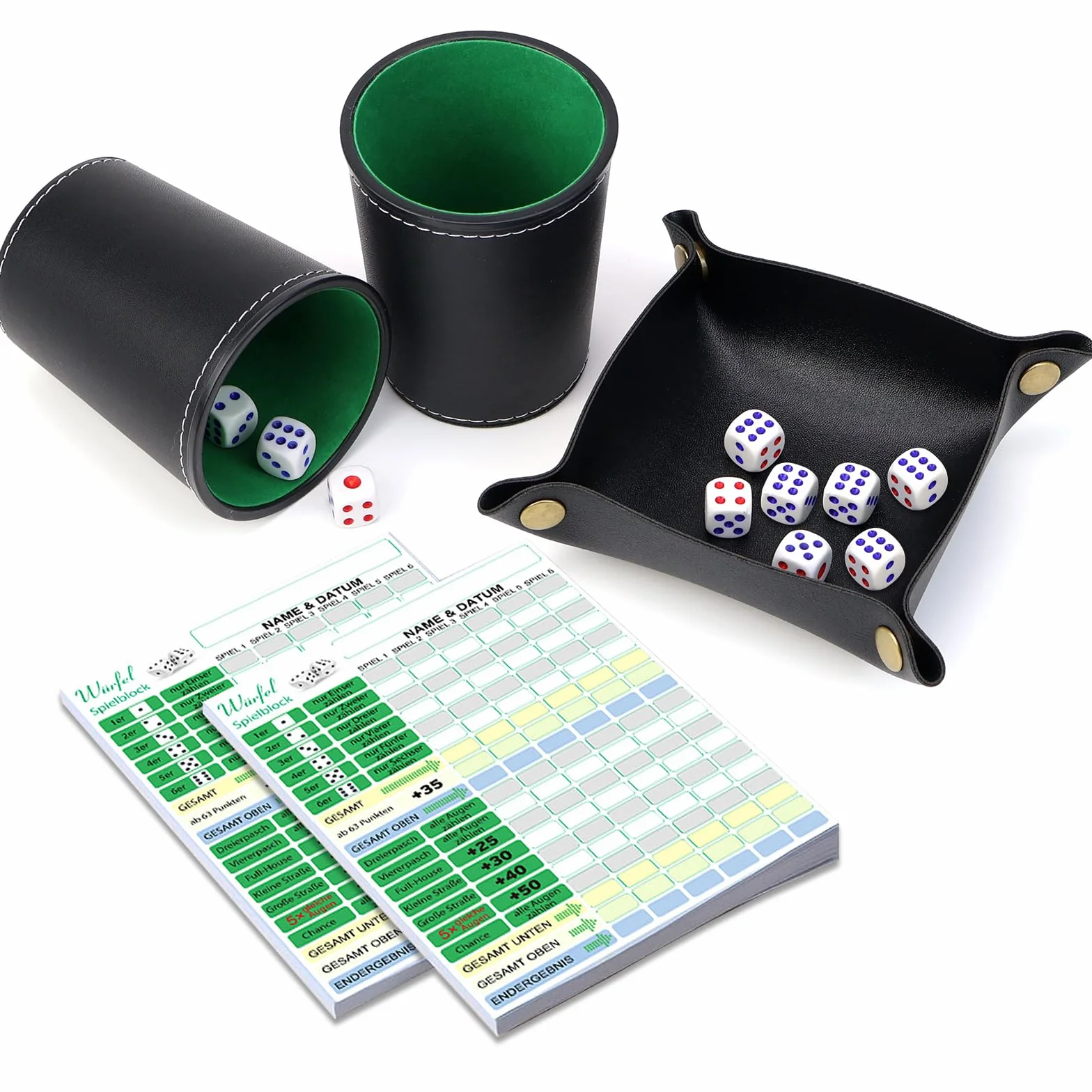 Set di bicchieri in pelle con 10 cubetti, blocco a mano, DIN A6, in pelle, con cubo e taglieri per Yahtzee Liar's Dice Sic BO