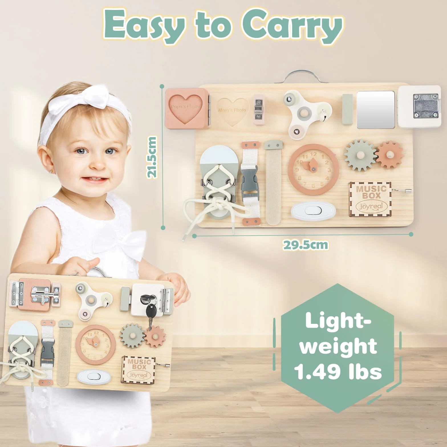 Joyreal Pannello Sensoriale Montessori Legno Busy Board con Carillon Specchio Neonati Giochi Educativi