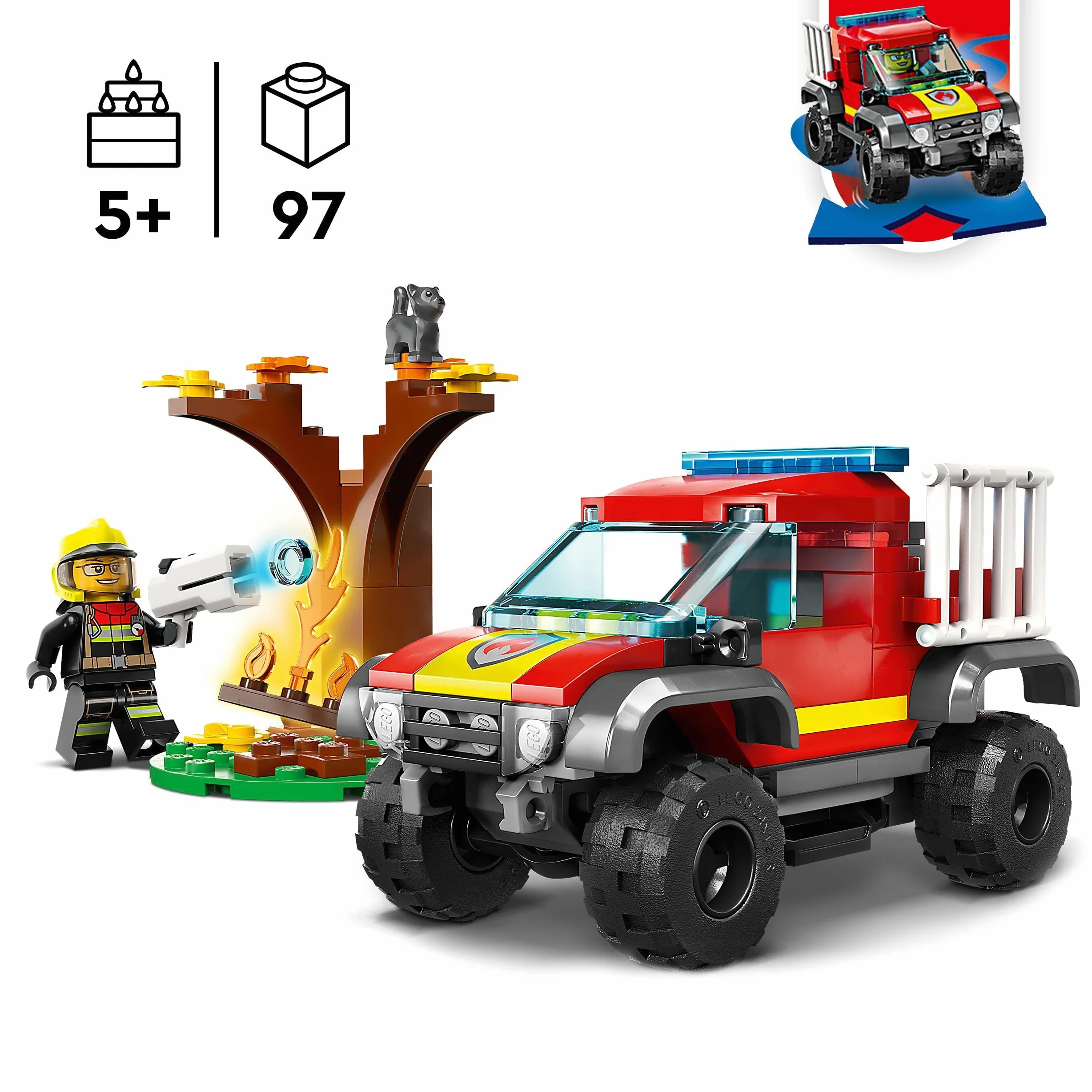 LEGO City Fire Soccorso sul Fuoristrada dei Pompieri, Camion Giocattolo dei Vigili del Fuoco 4x4 Lancia-Elementi d'Acqua, Giochi per Bambini e Bambine 60393