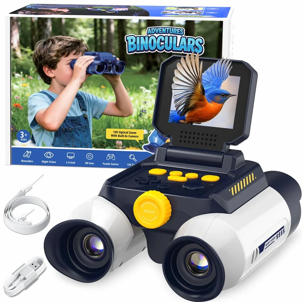 Binocolo Bambino con Fotocamera, Funzione di Visione Notturna a Infrarossi, Telescopio per Bambini 10x25, adatto a Bambini dai 4 anni in su per Birdwatching, Campeggio, Escursionismo(Bianco)