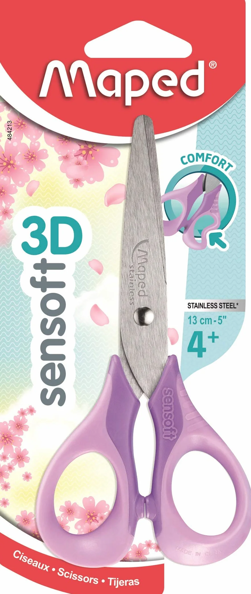Maped - Forbici Sensoft 13 cm - Forbici per bambini con anelli morbidi ed ergonomia 3D - Forbici da scuola a partire dai 4 anni - per asilo e scuola elementare - Colore viola pastello 484291