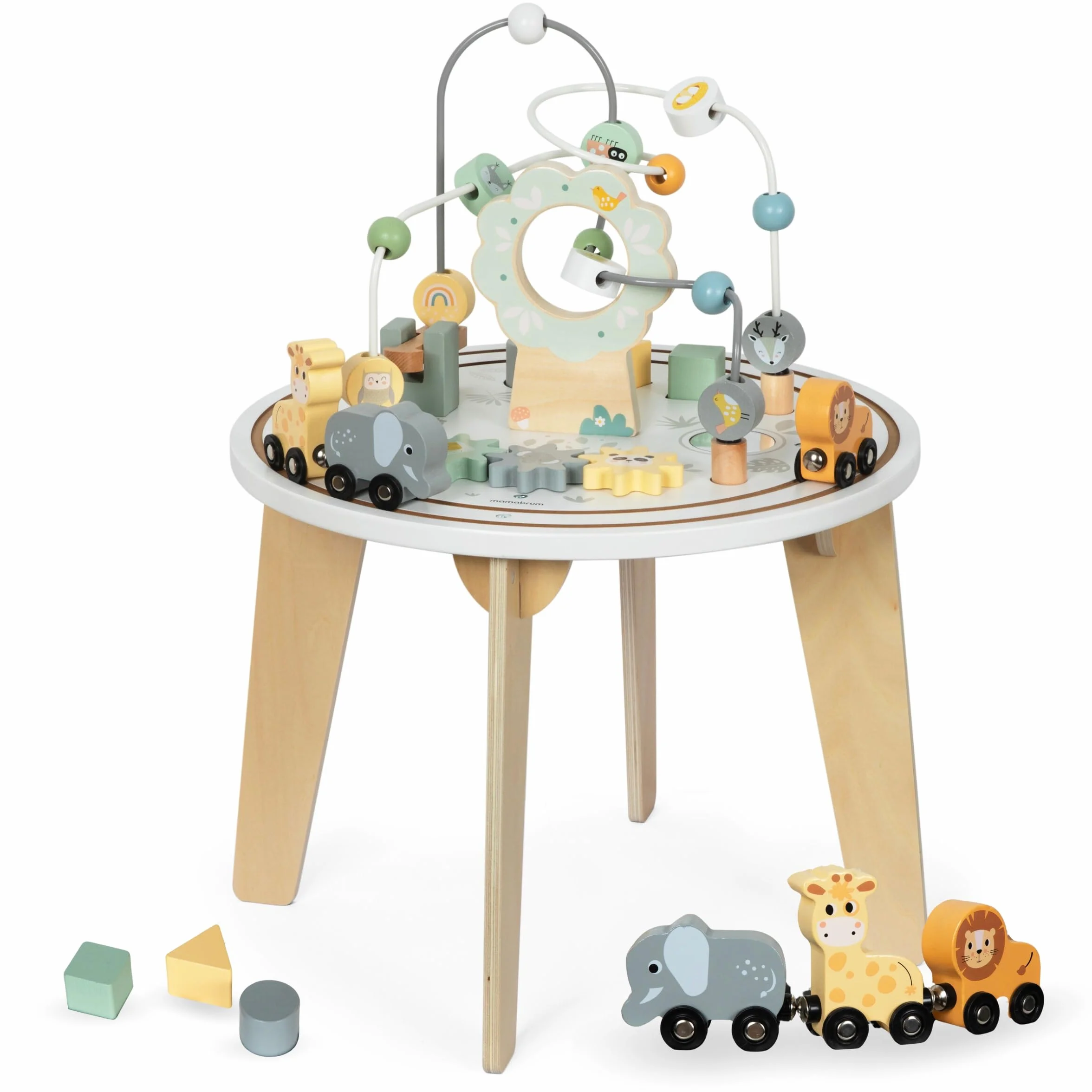 mamabrum Tavolino Educativo in Legno per Bambini con Coda Magnetica, Lanciatore di Perline, Selezionatore di Forme, Animali e Specchio