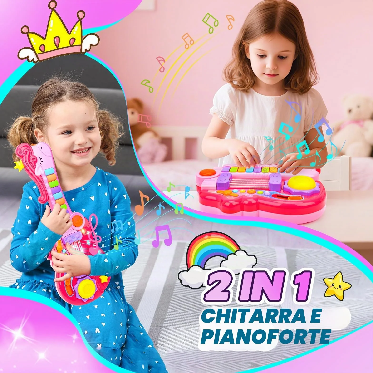 Chitarra Giocattolo 2-in-1 per Bambini con Modalità Pianoforte Strumento Musicale Elettrico Regalo 3-5 Anni Rosa