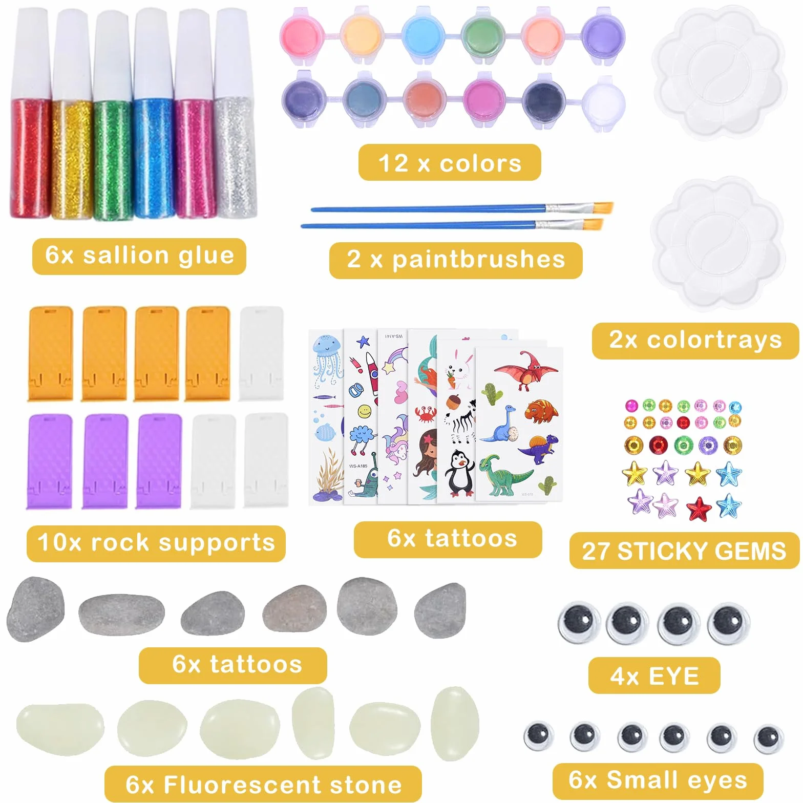 YESLUSY Kit Creativi Pittura di Pietra per Bambini 18 Pigmenti Colori Accessori 3-10 Anni