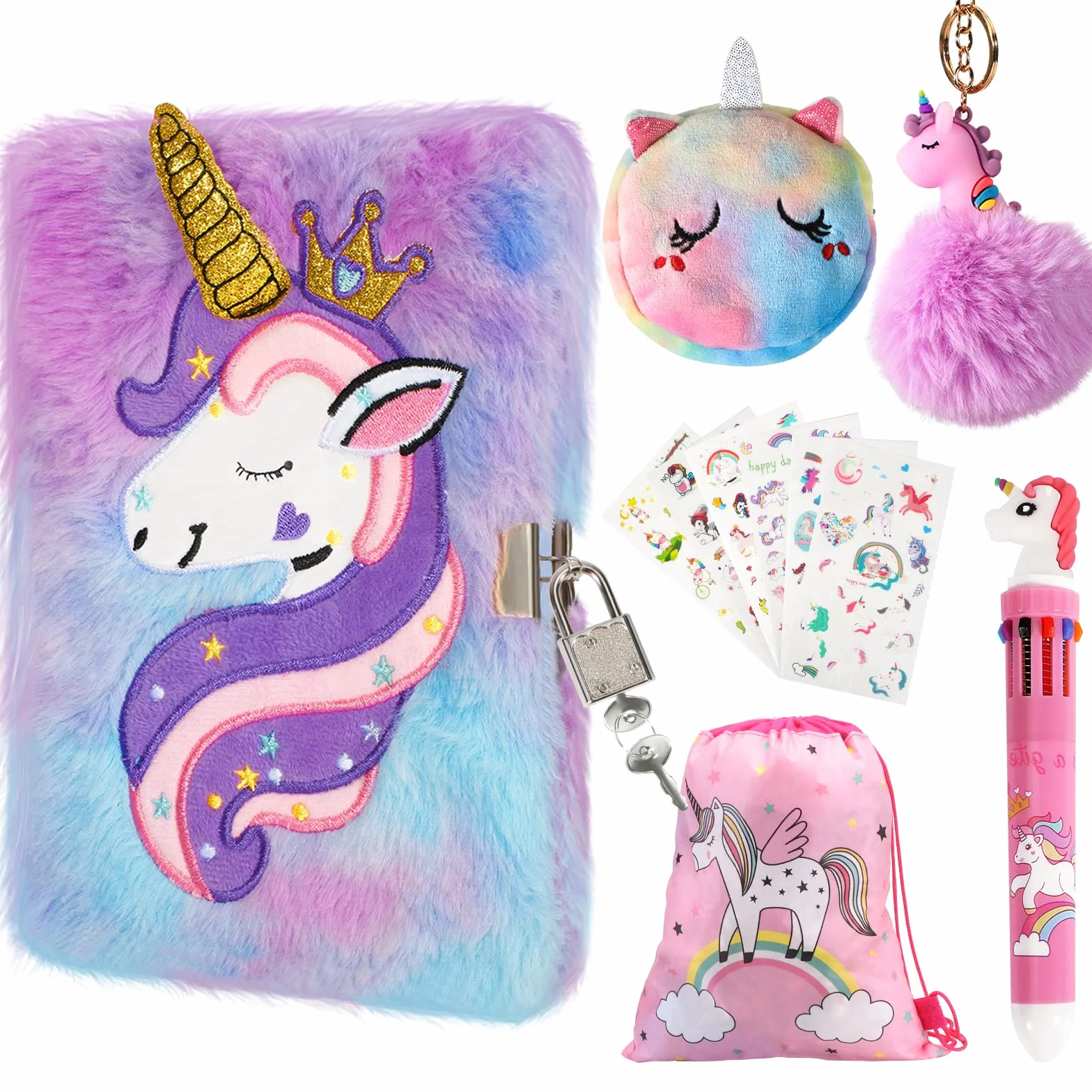Diario Segreto Bambina con Lucchetto e Chiave, 11PCS Set Cancelleria Peluche, 160 Pagine A5 Quaderno Privato, Taccuino Unicorno Regalo Ragazza 7-10 Anni