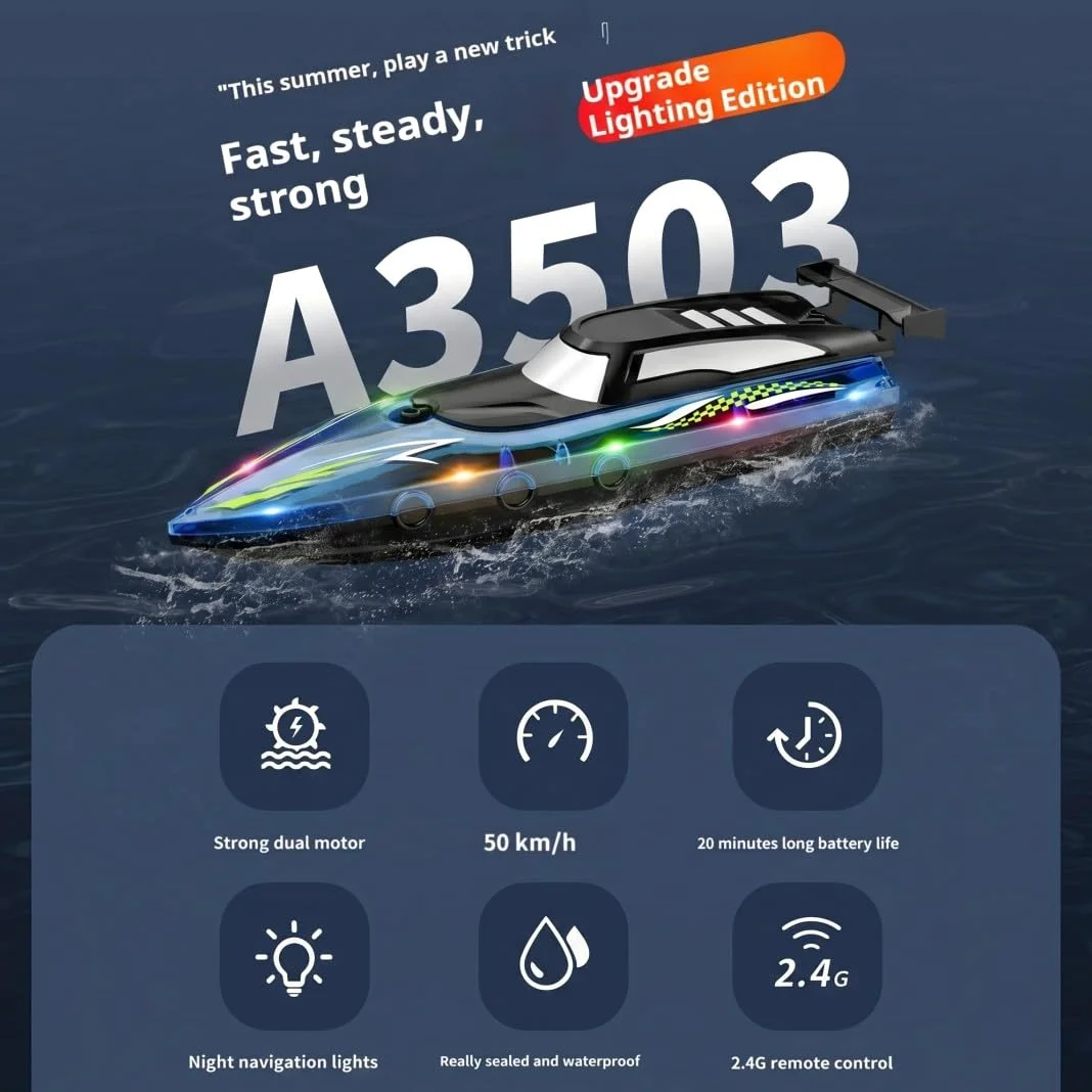 Motoscafo radiocomandato ad alta velocità da 50 km/h per adulti, 2,4 GHz, doppio motore, impermeabile, con luce a LED, per piscina, stagni e laghi