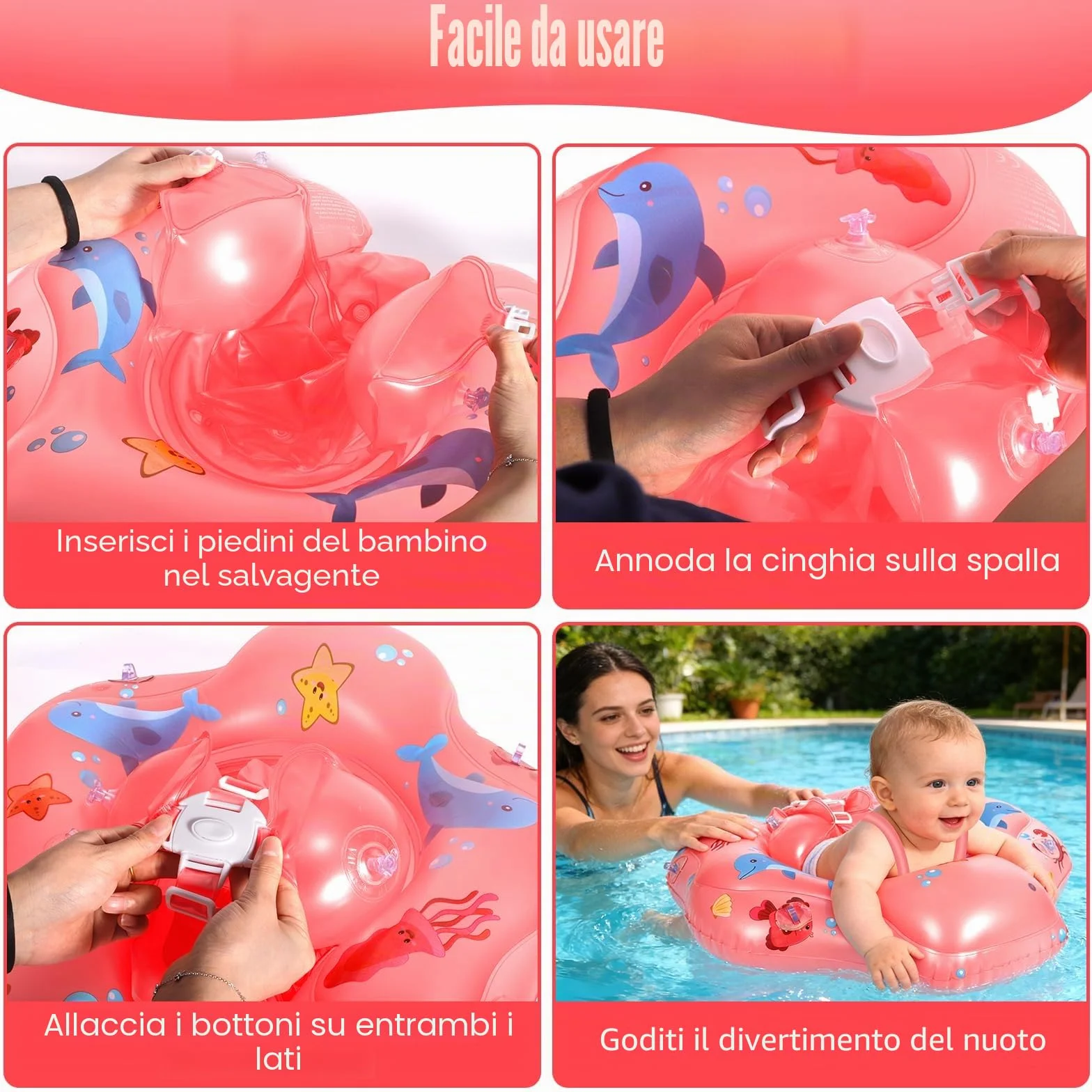 Piscina Salvagente Bambini Gonfiabile, Salvagente Neonato 1-3 anni, Salvagentes Neonato con Parasole e Seggiolino di Sicurezza, Anello di Nuoto Bambini UPF50+ Protezione UV(Rosa)