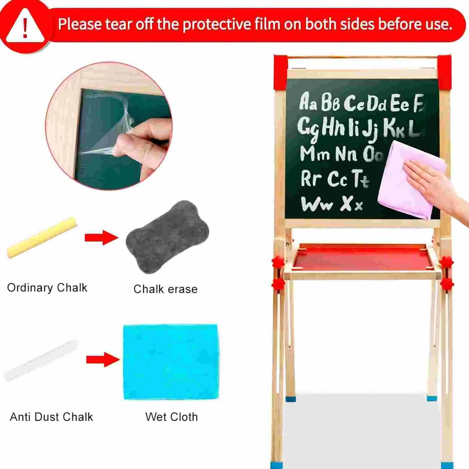 Cavalletto per Bambini 3 in 1 Doppia Faccia Lavagna in Legno con Numeri e Accessori Educativi