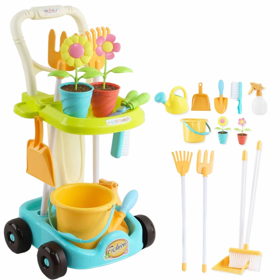 deAO Set di attrezzi da giardinaggio e carrello da gioco per bambini, 26 pezzi, con rastrello, vanga, annaffiatoio, secchio e accessori da giardino inclusi, divertente giocattolo educativo per bambini