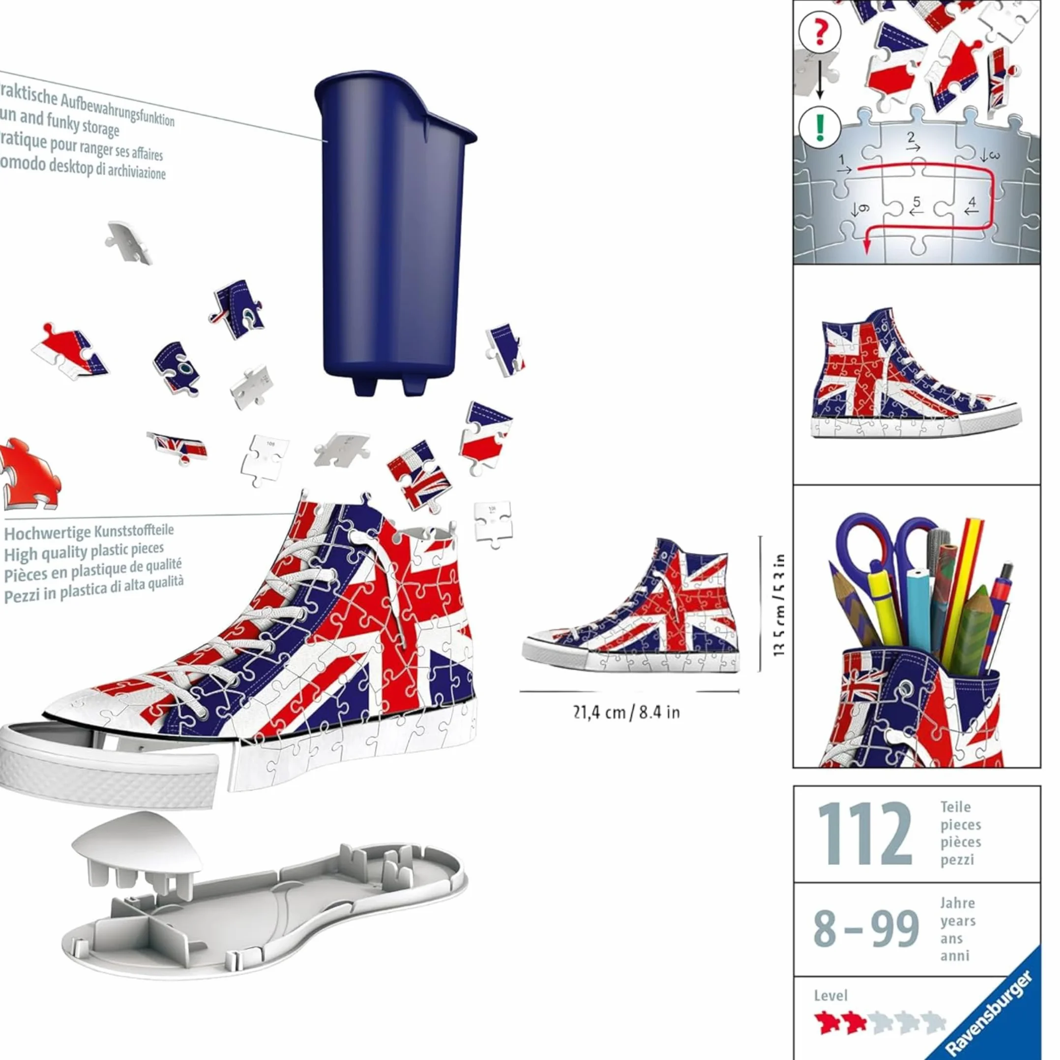 Ravensburger - Puzzle 3d Portapenne Sneaker Union Jack | Puzzle 3d Bambini A Partire Dagli 8 Anni | Modellismo Da Costruire Bambini Di 112 Pezzi | Regalo Bambino 8 Anni E Più