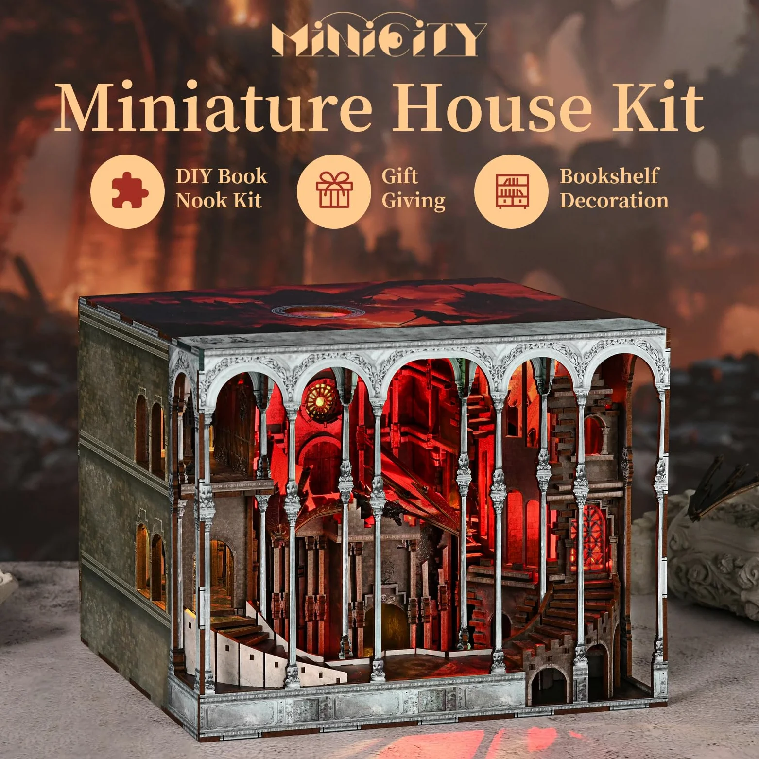 MiniCity Kit per angolo libro, kit fai da te in miniatura per adulti e ragazzi, casa delle bambole Booknook, puzzle in legno 3D per libreria, regali fai da te per familiari e amici