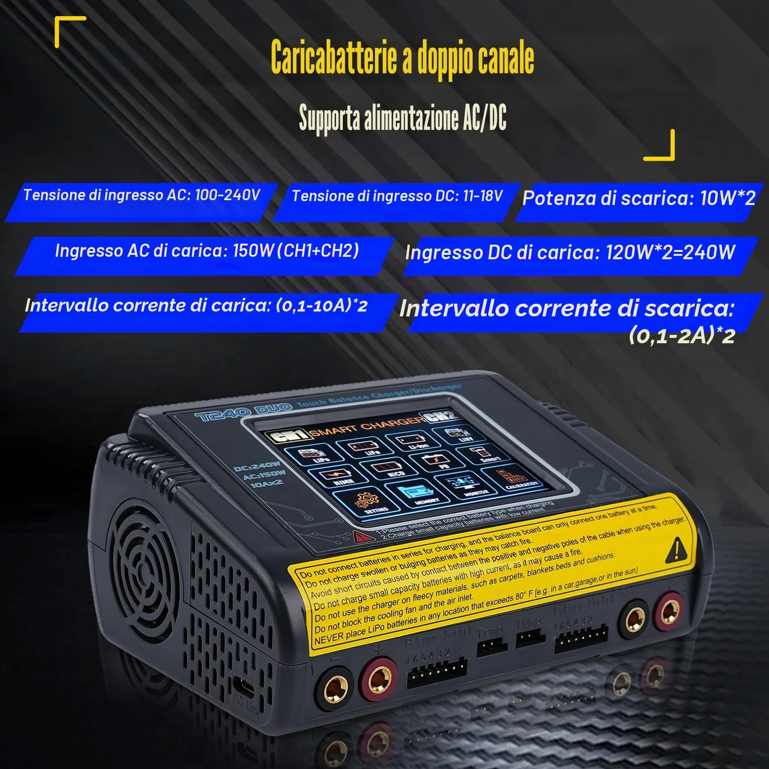 BuyWeek T240 DUO RC Caricabatterie Bilanciamento AC150W/DC240W 10A carica batteria per auto 3,2 pollici touch screen caricabatterie litio alta precisione per LiPo/Lilon/LiFe/NiMH/NiCd/PB/NiMH