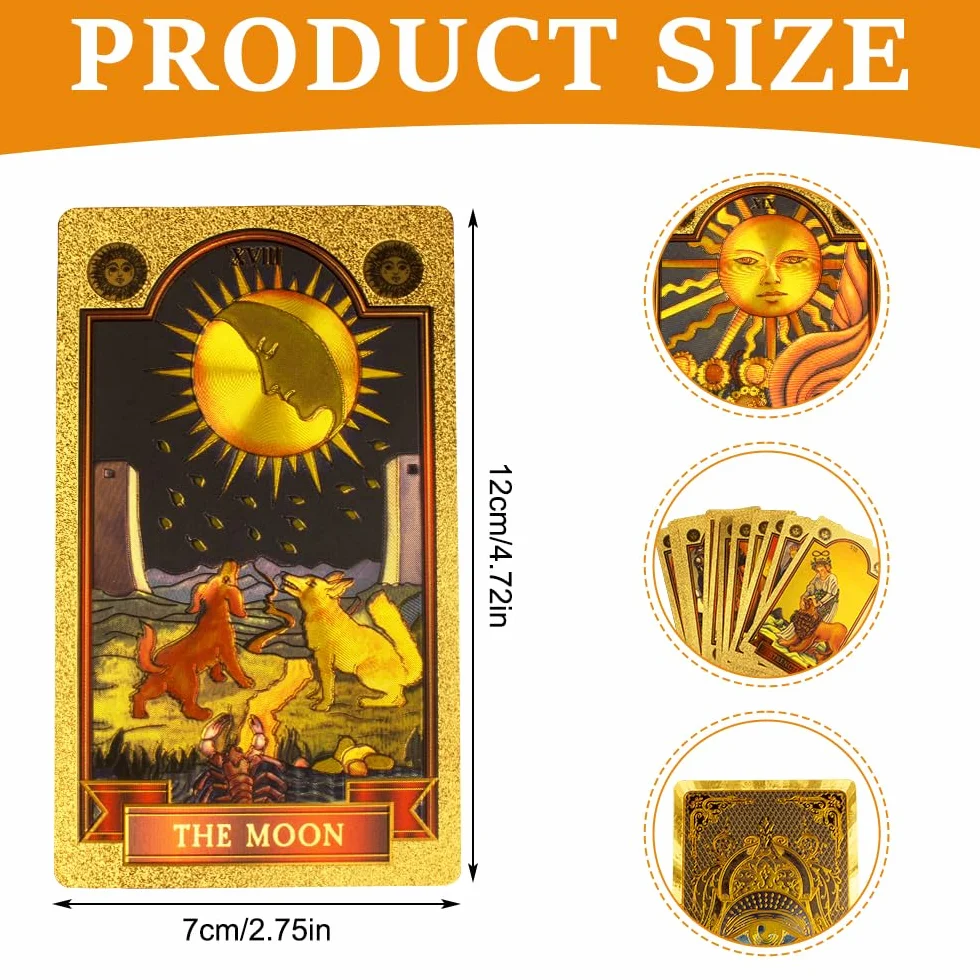Mazzo di Carte per Tarocchi in Lamina Occhio D'oro 78+2 Pezzi, PVC Impermeabile, con Libro Guida (Inglese) per Principianti
