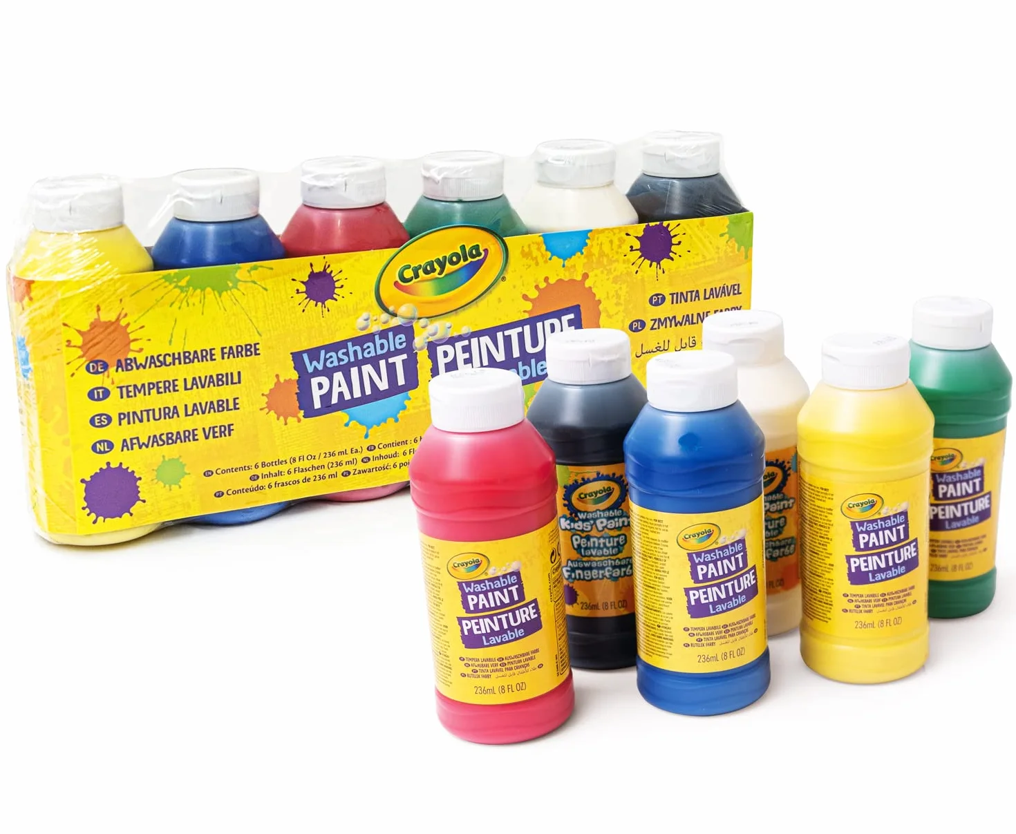 CRAYOLA - Tempere Lavabili, Confezione da 6 Bottigliette Richiudibili, 236 ml/cad, Colori Assortiti, per Scuola e Tempo Libero, 54-2508