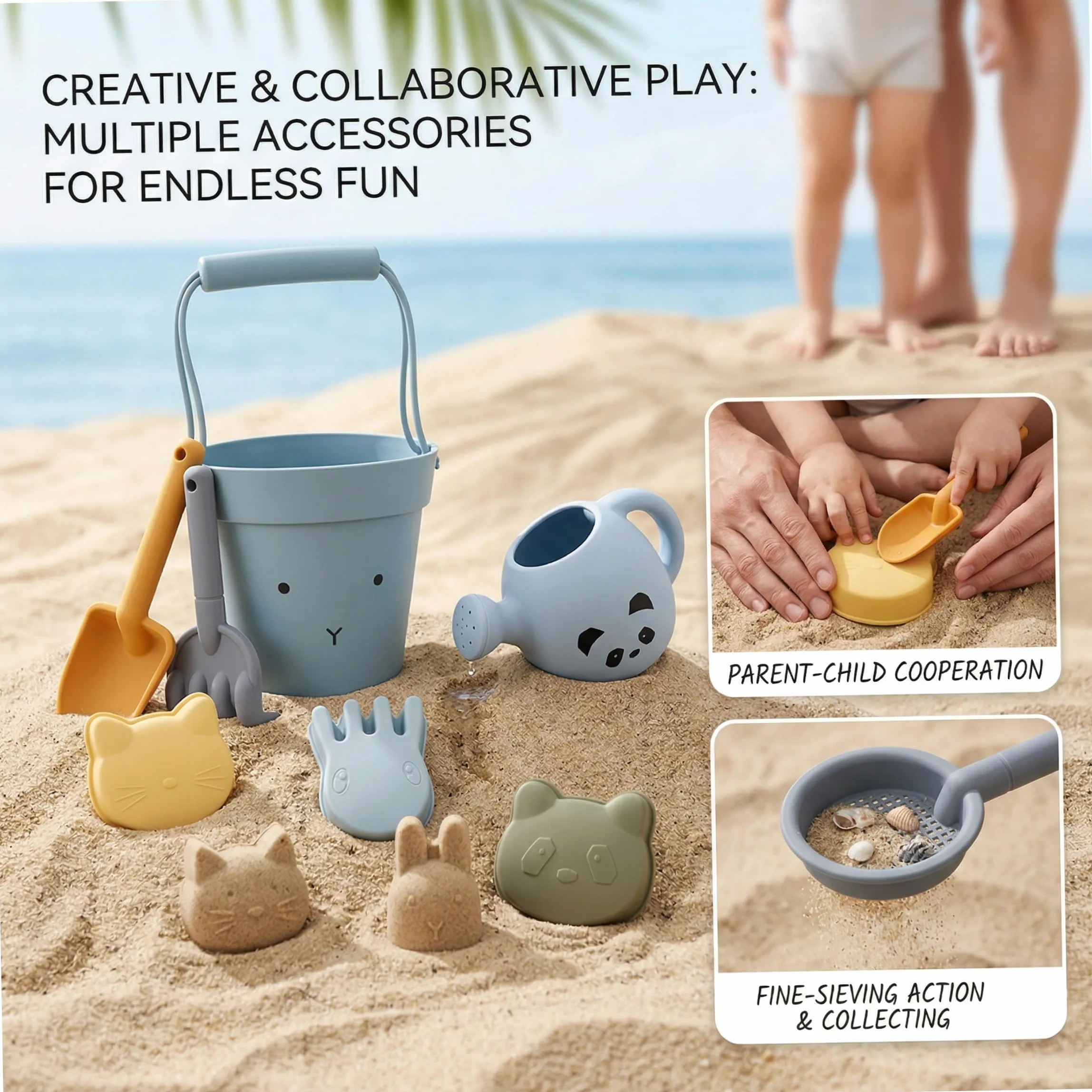 Set di giocattoli di sabbia in silicone Set di 9 pezzi di giocattoli da spiaggia di design di coniglio per bambini Kit di giochi d'acqua con sabbia interattivi per i genitori Divertimento all'apert