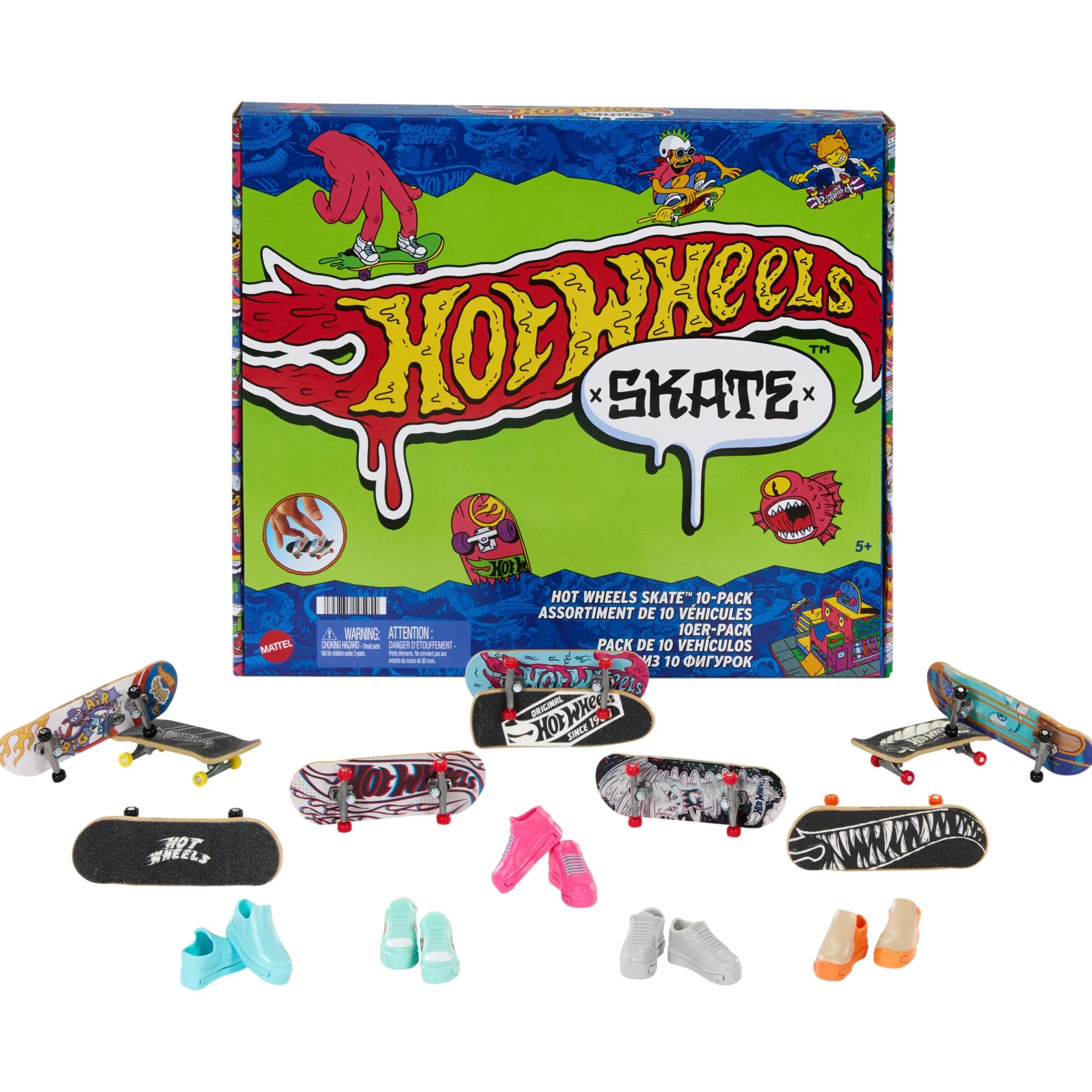 Hot Wheels Skate - Set da 10 fingerboard, include anche 5 paia di scarpine da skate rimovibili, grafiche dettagliate a tema, giocattolo per bambini, 5+ anni, HTP59