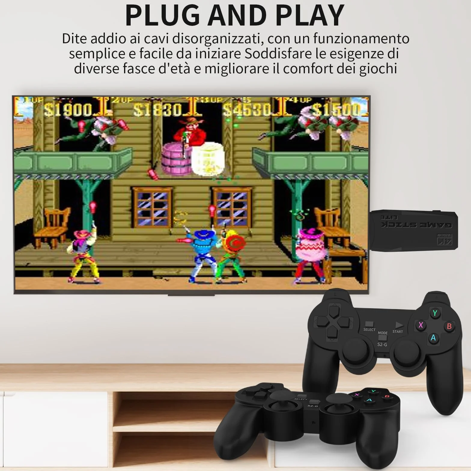 Console di Gioco Wireless Retrò M8, Plug and Play Mini Game Stick, 20,000+ Videogiochi Classici, Dotato di Doppio Controller di Gioco Senza Fili 2.4G, 9 Simulatori, Uscita HD 4K
