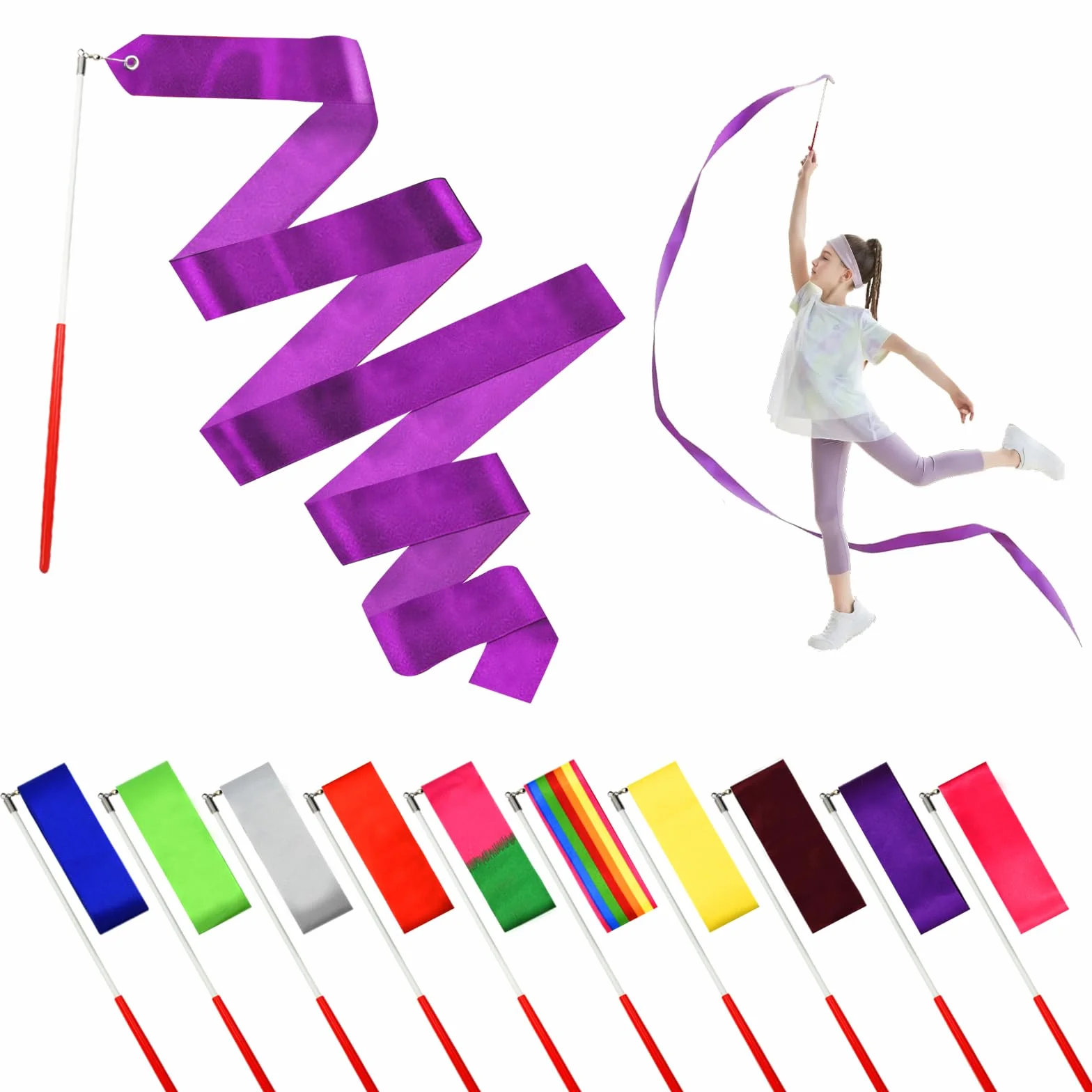 Nastri Colorati da Ginnastica con Asta Rotante per talenti Show, Bacchetta da Ballo per Bambini, Fascia Arcobaleno Ideale per Ragazze per Feste di Compleanno per (Multicolor-1)