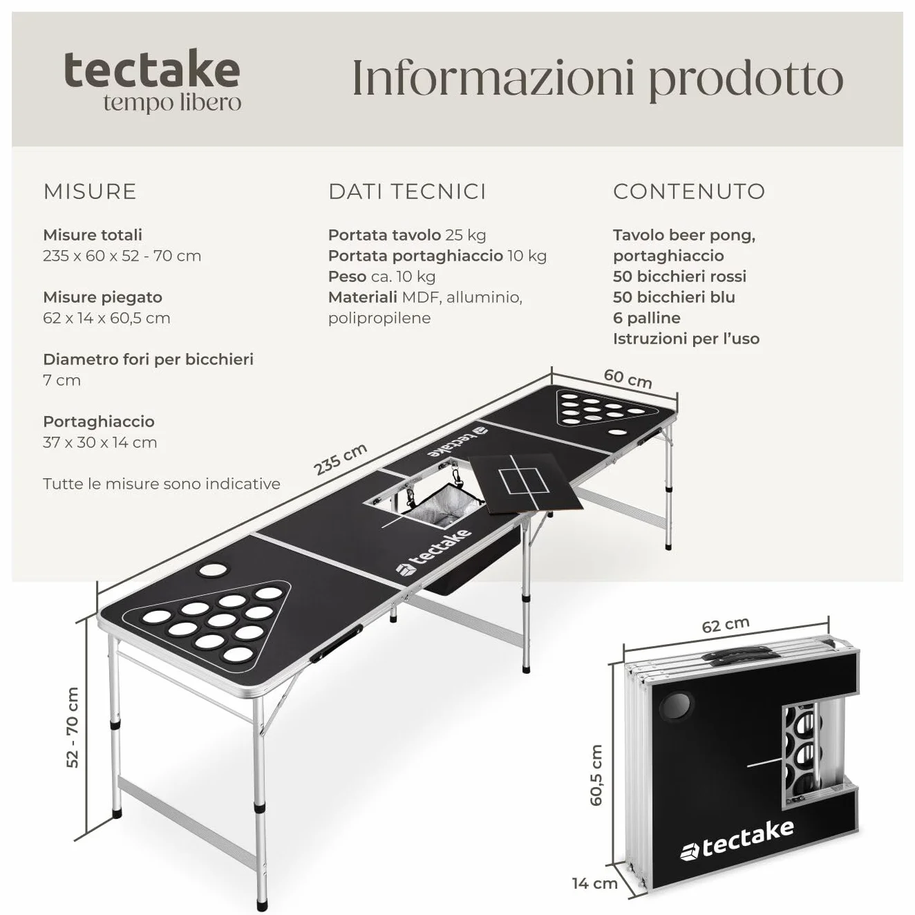 tectake® Tavolo da Beer Pong, Pieghevole con Maniglia, Kit Completo Bicchieri Multicolor e Palline, Beer Pong Set, Struttura in Alluminio, Regali Divertenti, Giochi per Festa - 235 x 60 x 70 cm