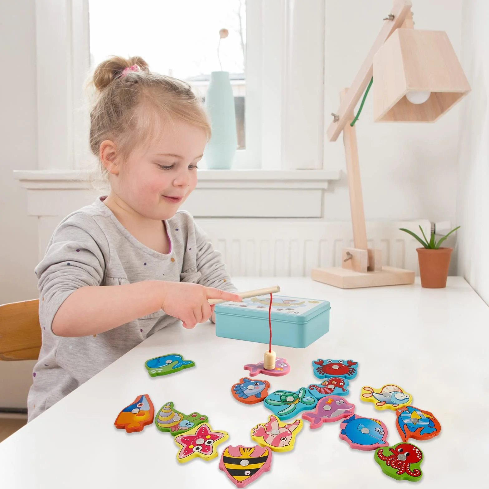 Giocattoli di Legno Gioco di Pesca, Vittse Giochi Montessori Bambini 2 Anni Gioco di Pesca Magnetico, Bambino in Legno Educativo Giocattoli, Giochi per Bambini per Sviluppo (Blu)