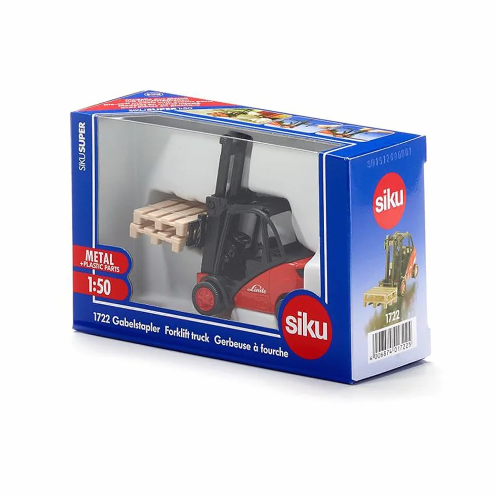 siku 1722, Carrello elevatore a forche Linde, 1:50, Metallo e Plastica, Rosso, Forche mobili, Con 2 bancali inclusi