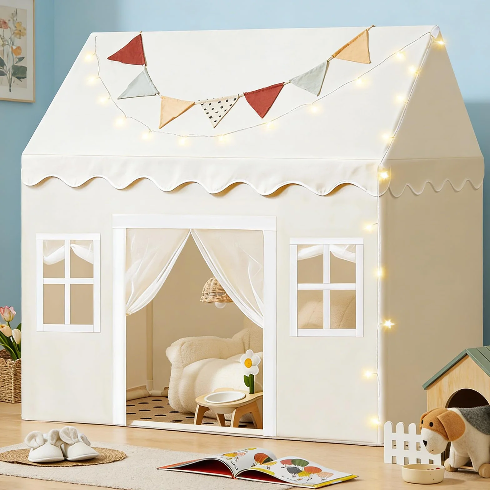 Tiny Land Tenda da Gioco per Bambini con Tappetino Morbido e Luci, Tenda per Bambini da Interno Lavabile, Rifugio Angolo Lettura per Cameretta, Regalo per Bambino e Bambina 3-13 Anni - 133x90x136cm