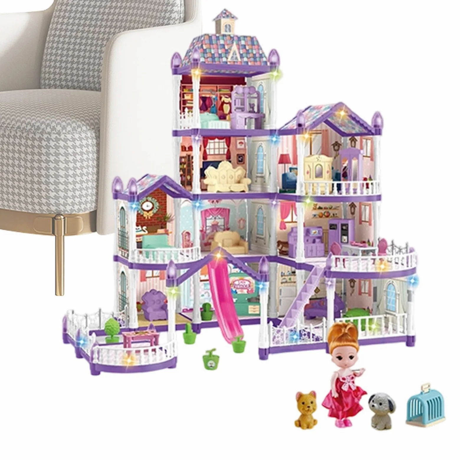 Casa delle Bambole 4 Piani 13 Stanze Villa Miniatura da Montare | Piccola Casa Delle Bambole Con 3 Principesse 2 Cuccioli E Arredo Per Bambine 4-6 di Ruolo Indoor Regalo per Feste