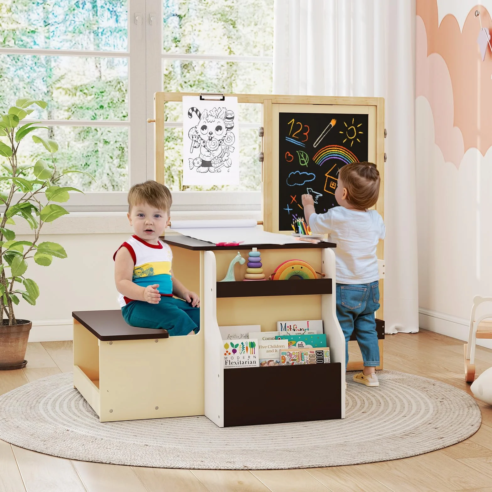 GYMAX Set di Cavalletto con Tavolo e Panca per Bambini, Scrivania Multifunzionale in Legno con Lavagna Bifacciale (Caffè)