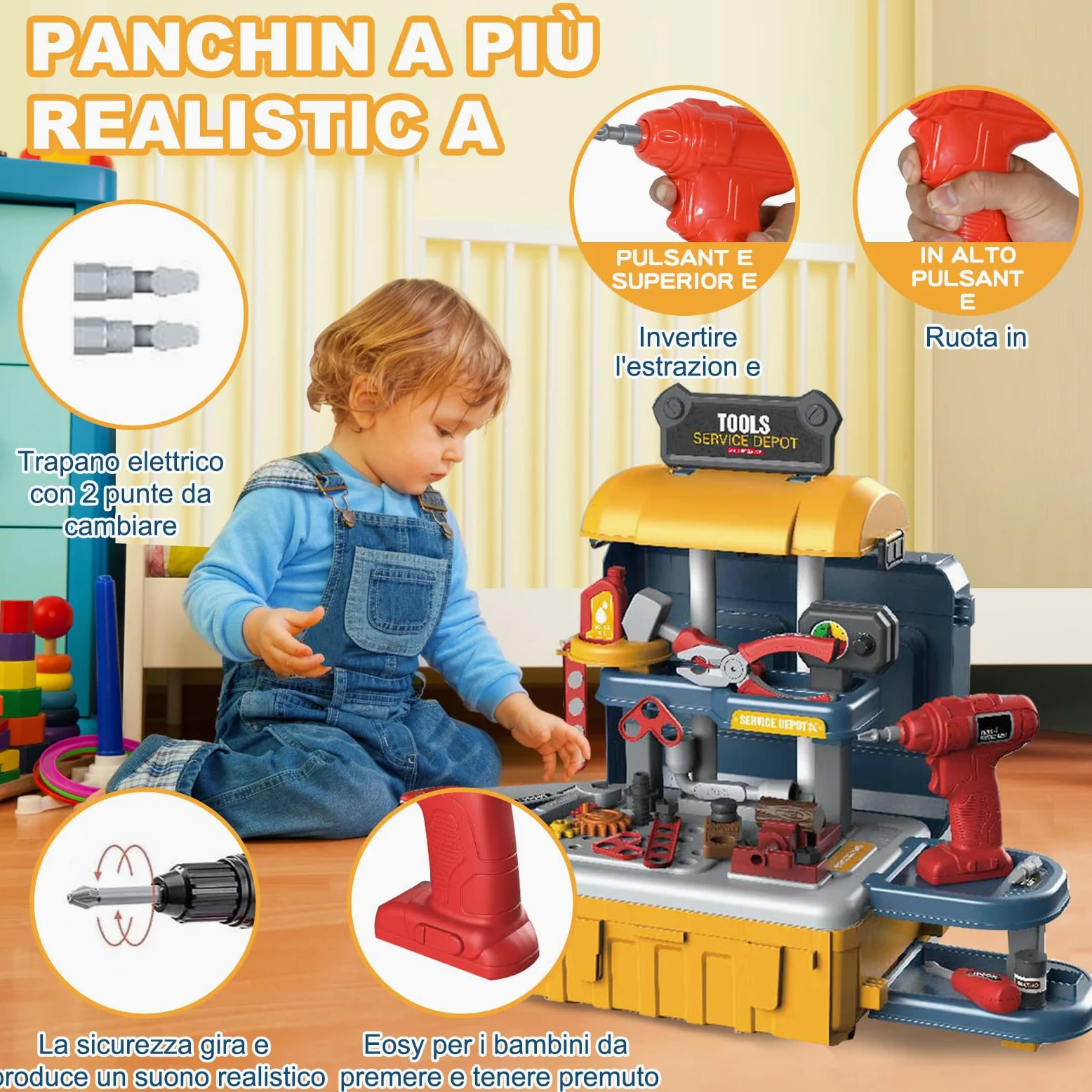 JONRRYIN Banco da Lavoro per Bambini, Cassetta Attrezzi Bambini, 46 Pezzi | Banco Attrezzi Bambini con Trapano Luci e Suoni, Attrezzi da Lavoro, Gioco Educativo e di Imitazione, Regalo da 3 Anni