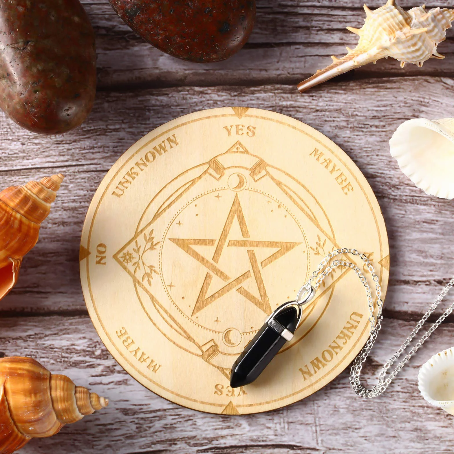 Jetec Tavola di Pendolo a Stella Bacheca Metafisica di Divinazione Rabdomanzia in Legno Intagliato con Collana Rabdomantzia Pendolo di Cristallo Kit Altare Wiccan