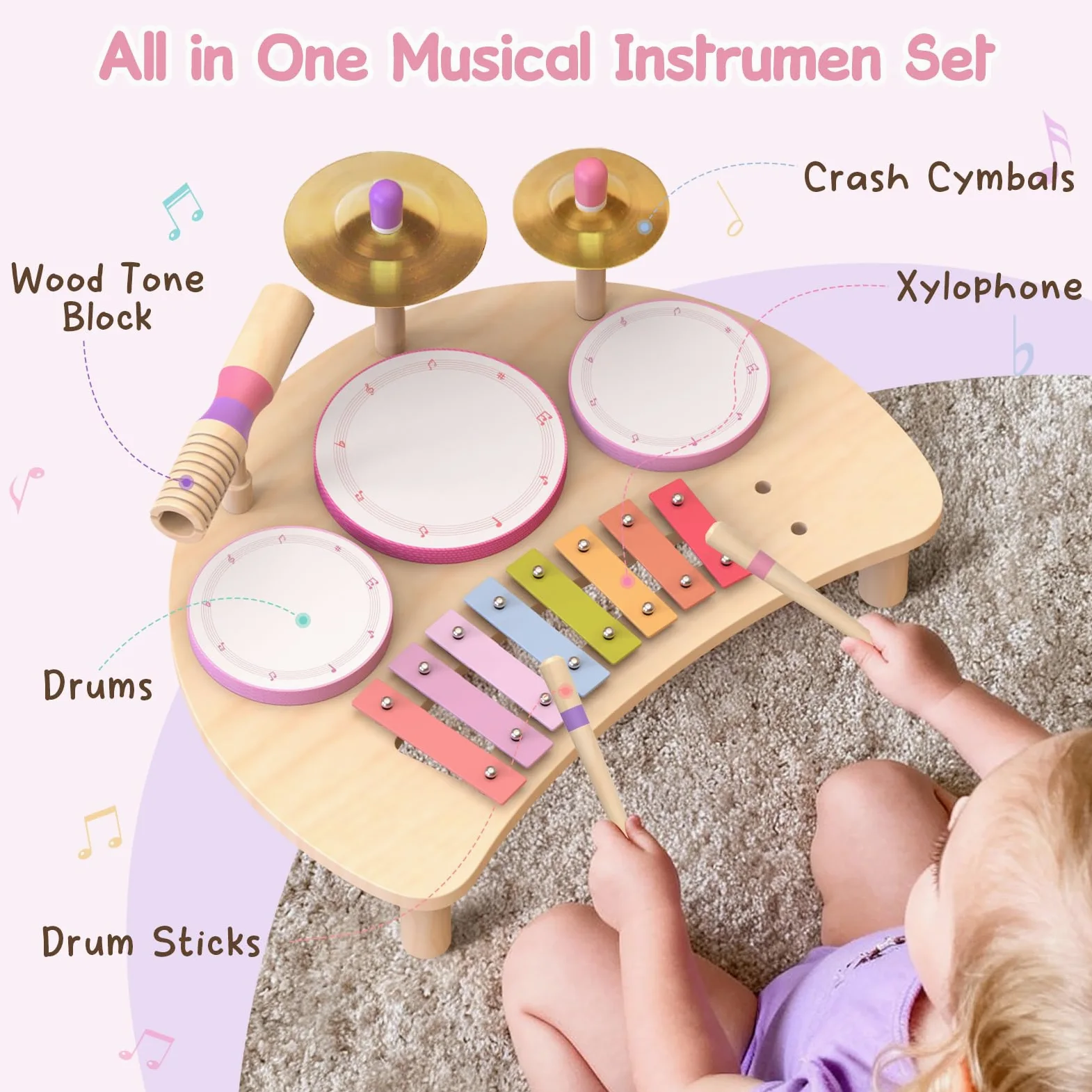 Montessori, set di tamburi in legno, strumenti musicali per bambini, set di batterie in legno con xilofono, giocattolo musicale per bambini in età prescolare, regalo di compleanno educativo per