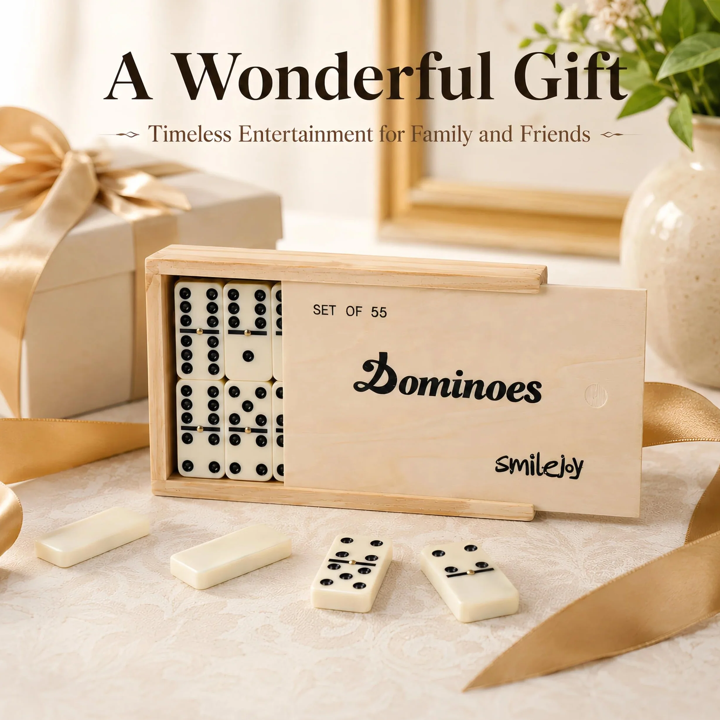 Smilejoy Set domino per adulti, doppio nove Domino Set per giochi da tavolo classici, Domino Double 9 per giochi di famiglia con custodia in legno naturale con spinner 55 pezzi