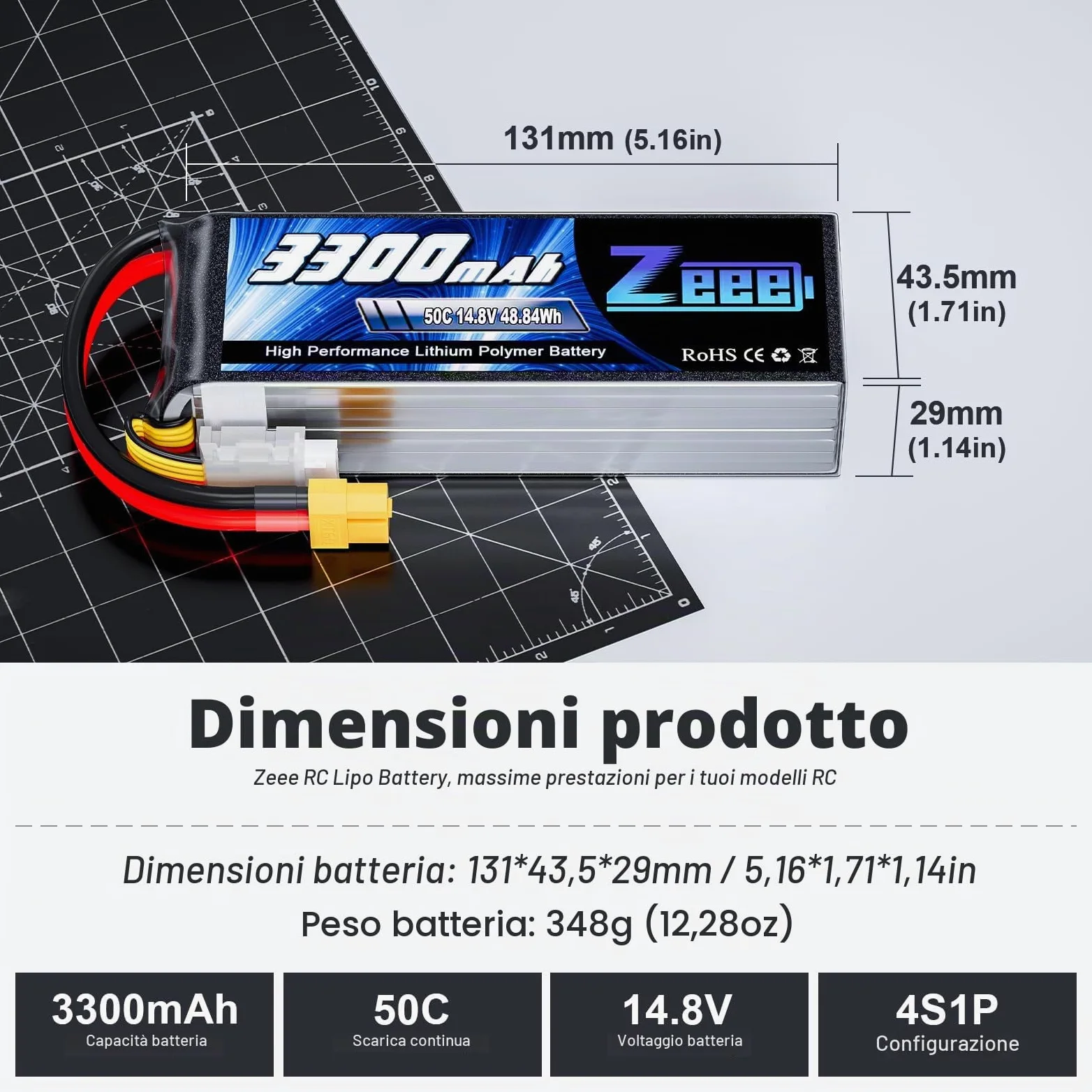 Zeee 4S Lipo 14,8V 50C 3300mAh RC Batteria con Connettore XT60 (2 pezzi) | Batteria RC per FPV Racing UAV Drone Veicolo a quattro assi elicottero RC Nave RC Veicolo RC Modells