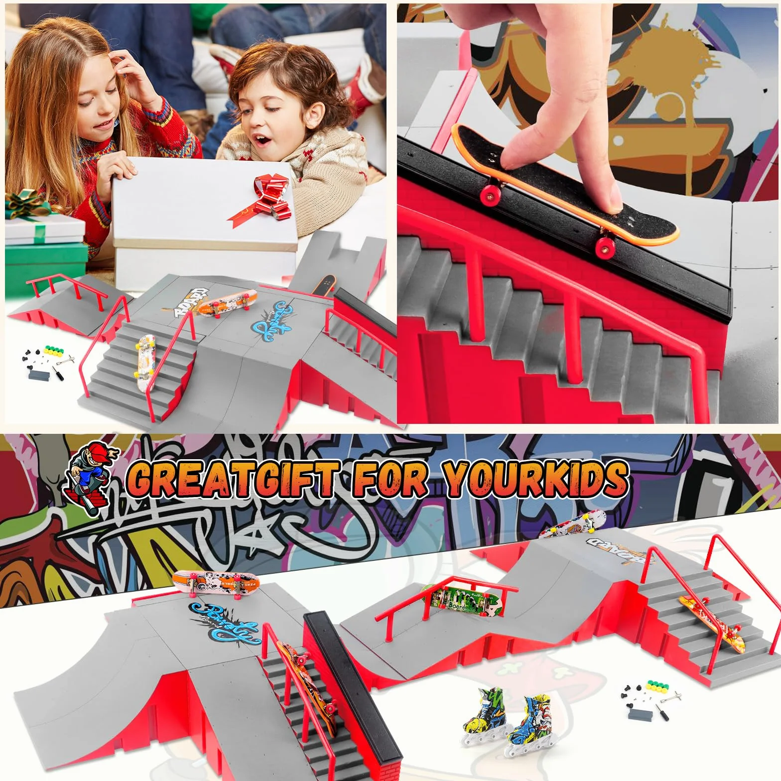 Tlater Finger Skateboard Park Kits, 14 in 1 Bigger Finger Skateboard Ramp Set fai da te Fingerboard Skatepark per bambini, regalo di compleanno (rosso)