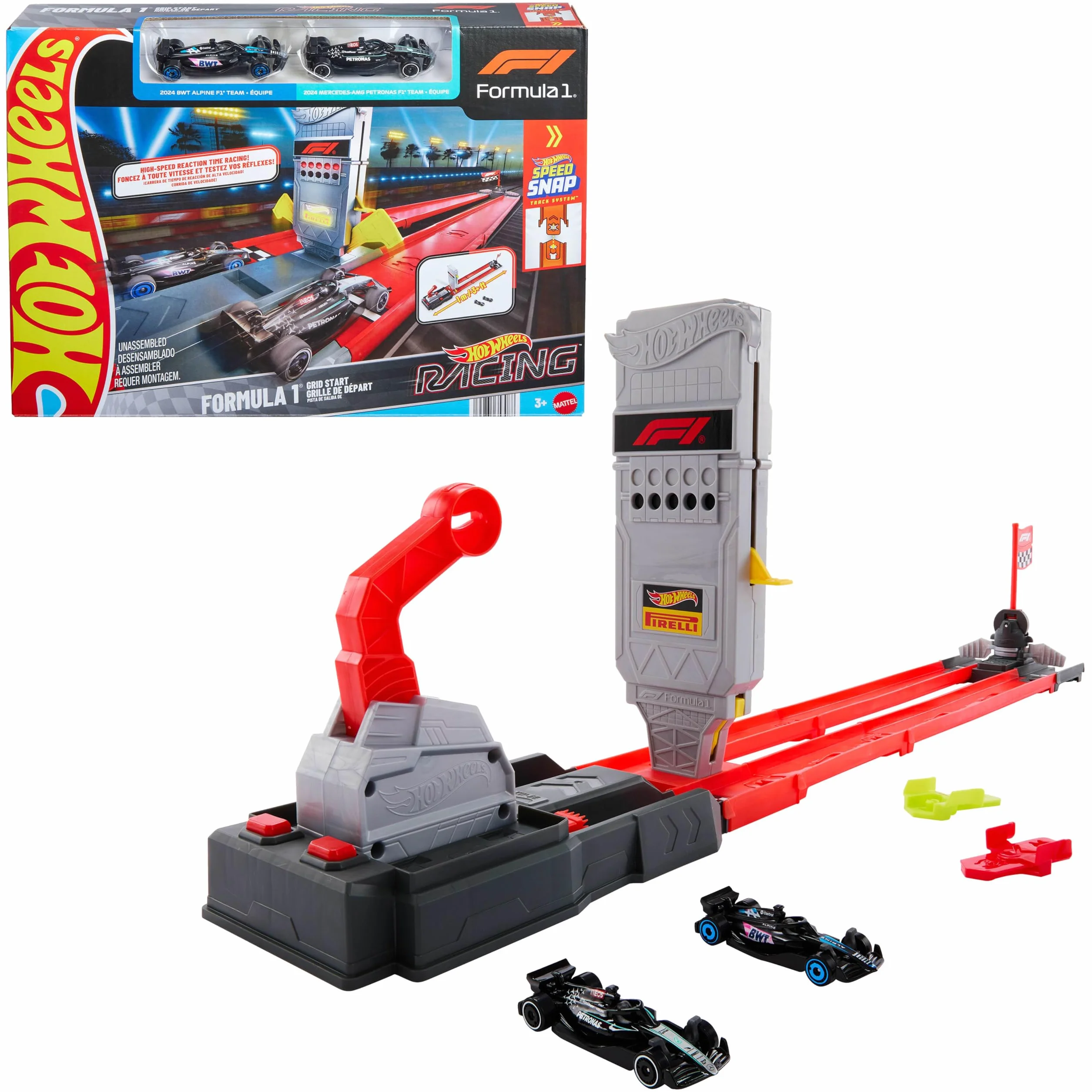 Hot Wheels Racing Formula 1 - Griglia di Partenza, set pista con 2 macchinine da F1 incluse, griglia e torre di partenza con lanciatori e bandiera a scacchi, 3+ anni, JKM88