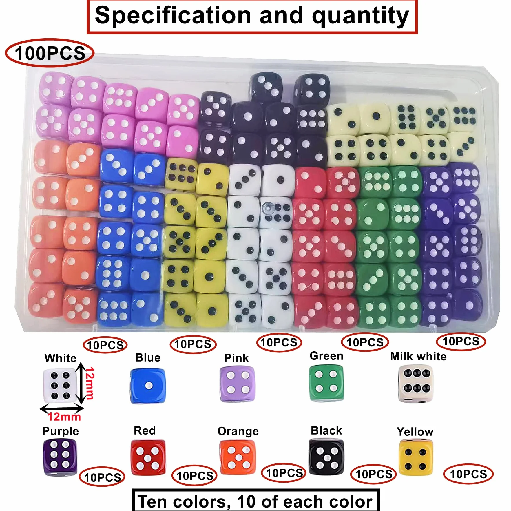 HUAZIZ 100 Pezzi Dadi 6 Facce 12mm Dadi da Gioco per enzi, Farkle, Yahtzee, Bunco or Insegnare i Matematici, 10 Colori
