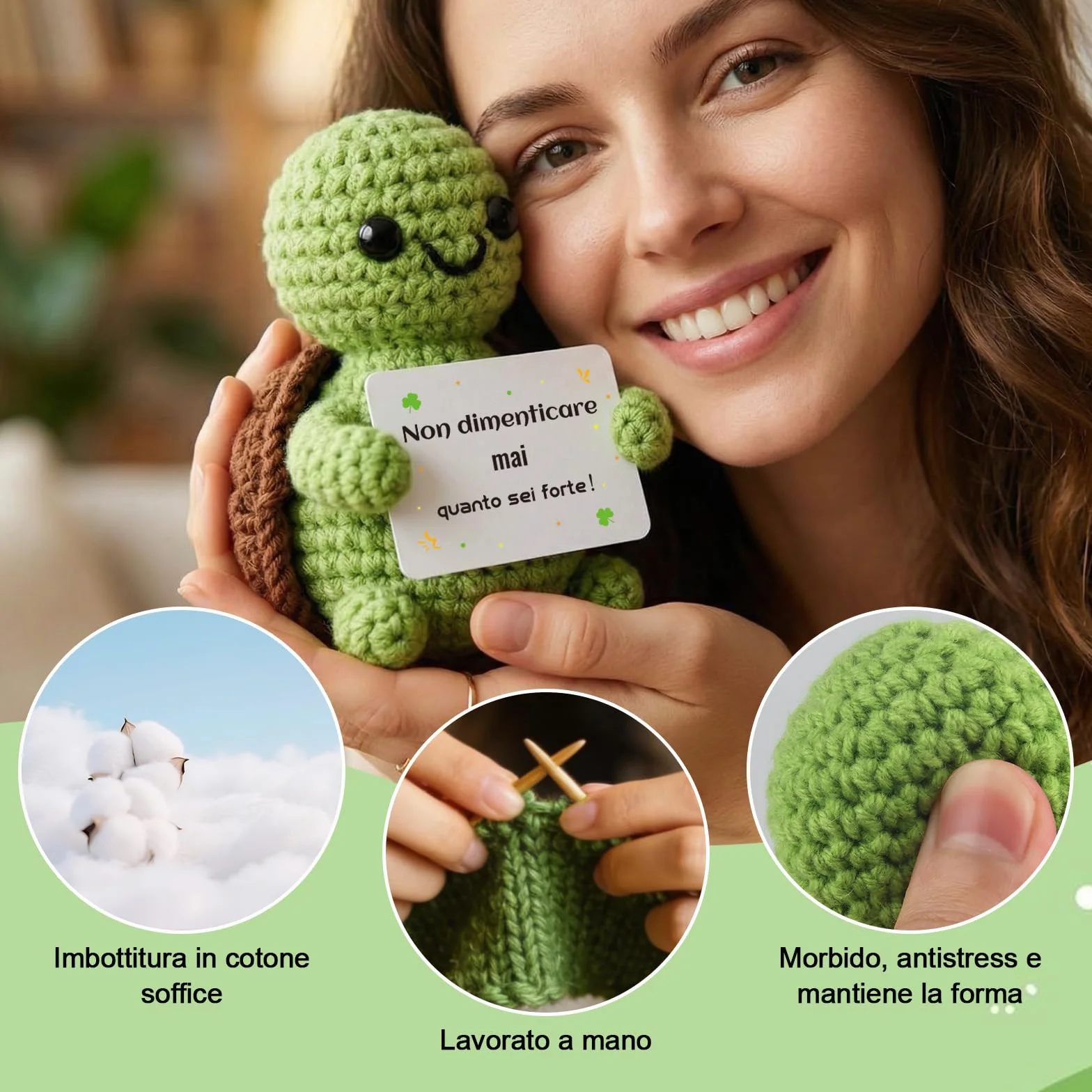 Tartaruga Portafortuna Fatta a Mano con Messaggi Ispiratori - Peluche Morbido con Frasi Motivazionali in Italiano, Regalo Originale per Amiche, Compleanni e Lauree (Tartatata)