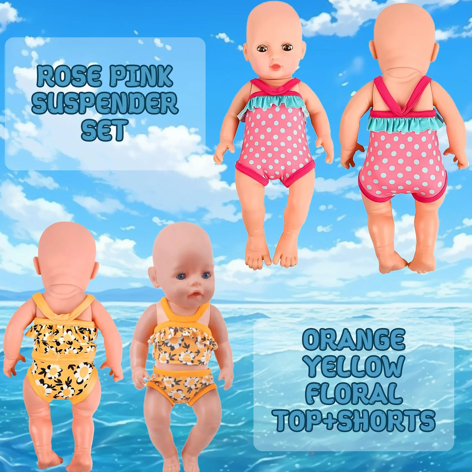 Set di Nuoto per Bambole 7 Pezzi,Estate Costume da Bagno per Bambole,Costume da Bagno per Bambole,Vestiti Bambole Reborn,Accessori per Bambole Reborn 35-45CM,Regalo per Ragazze