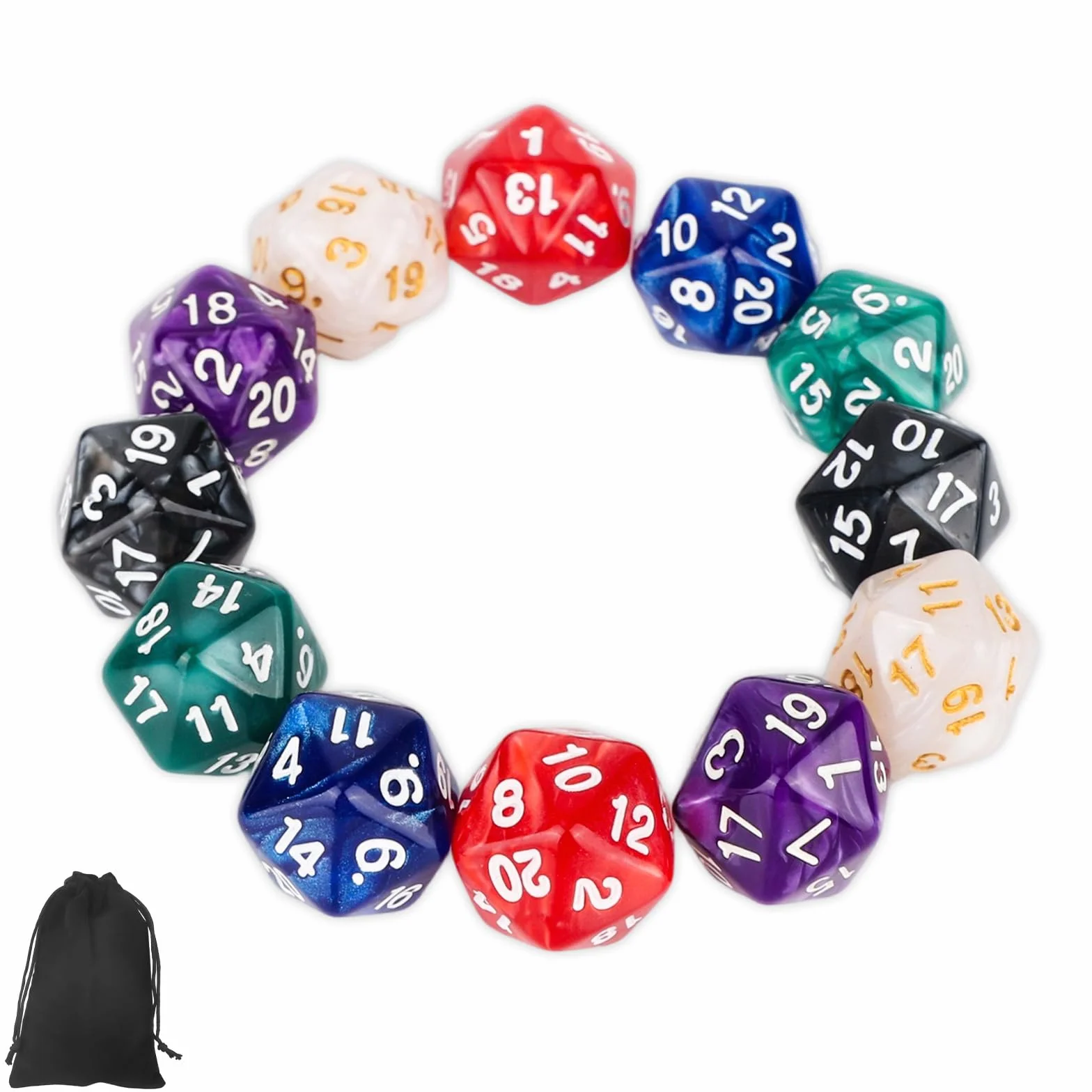 12 Pezzi Set di Dadi D20 Standard in 6 Colori, a 20 Facce Dadi Contatore per Giochi di Ruolo MTG DND Party Card Loaded Games con Custodia