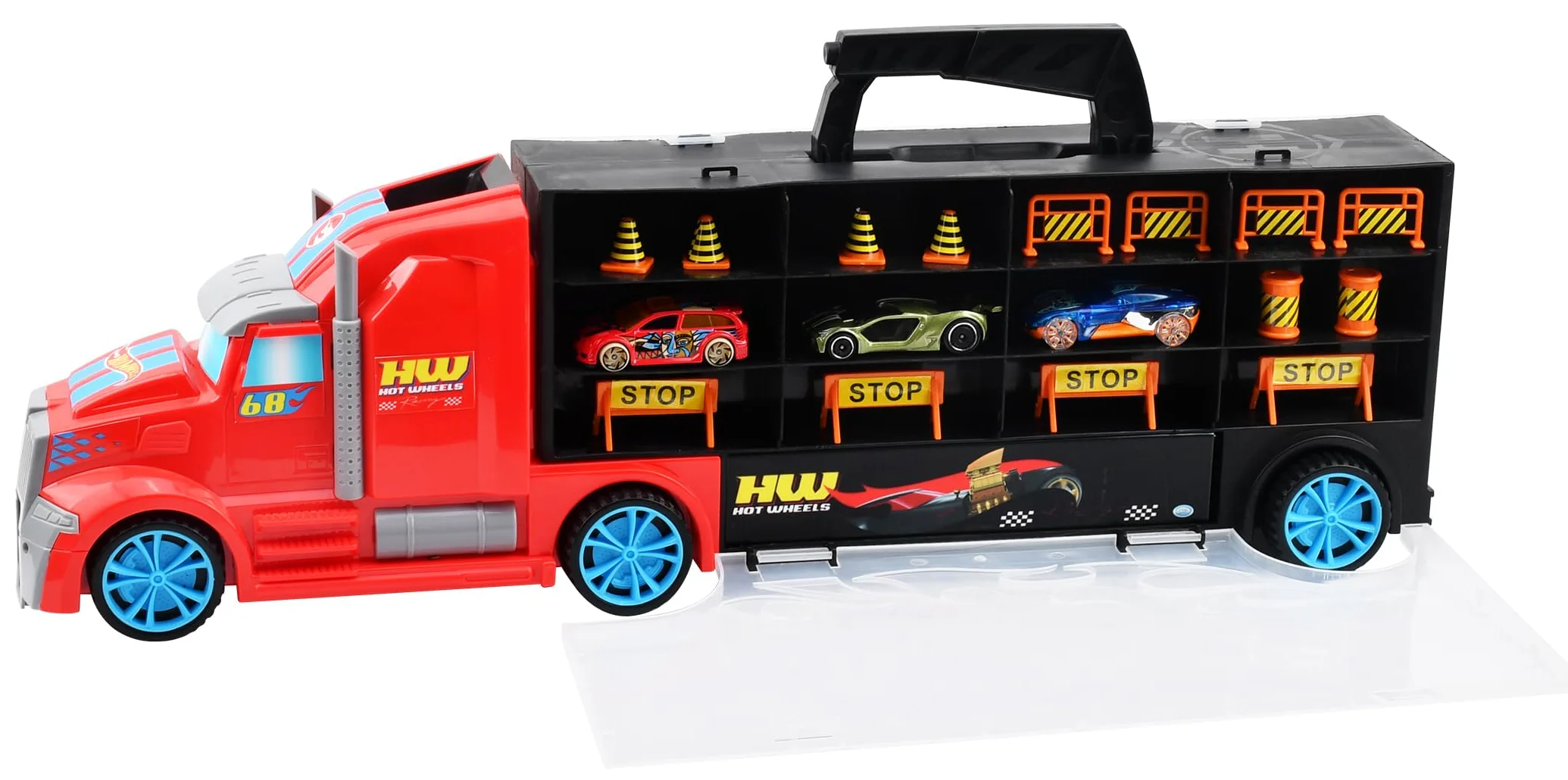 ODS 42034 Hot Wheels Transporter 50, Valigetta Bisarca con 4 Auto Originali, blu