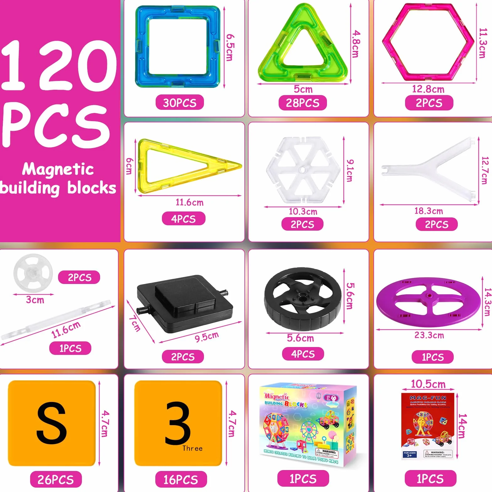120 Pezzi Blocchi di Costruzione Magnetici Giochi Educativi Regalo per 4-9 Anni