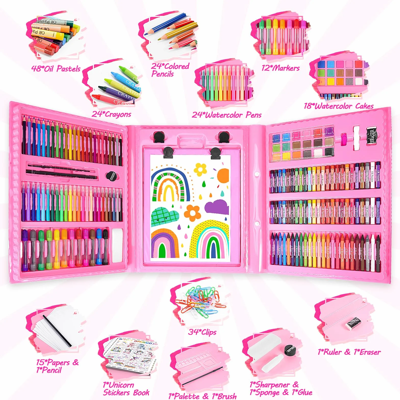 HappyGoLucky 208 Kit Colori per Bambini, Matite Colorate Pastelli a Cera Acquerelli Pastelli a Olio, Regalo Bambina 3-10 anni