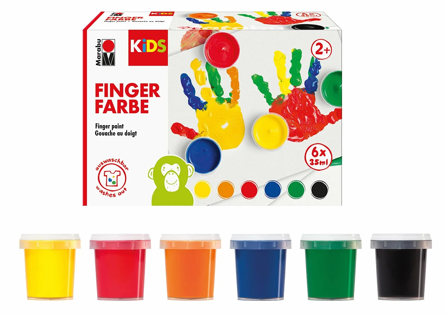 Marabu, set di 6 colori vivaci KiDS, ciascuno da 35 ml, adatti per dipingere con le mani all’asilo, a scuola, in terapia e a casa, senza parabeni, vegani, senza lattosio e glutine, 0303000050800